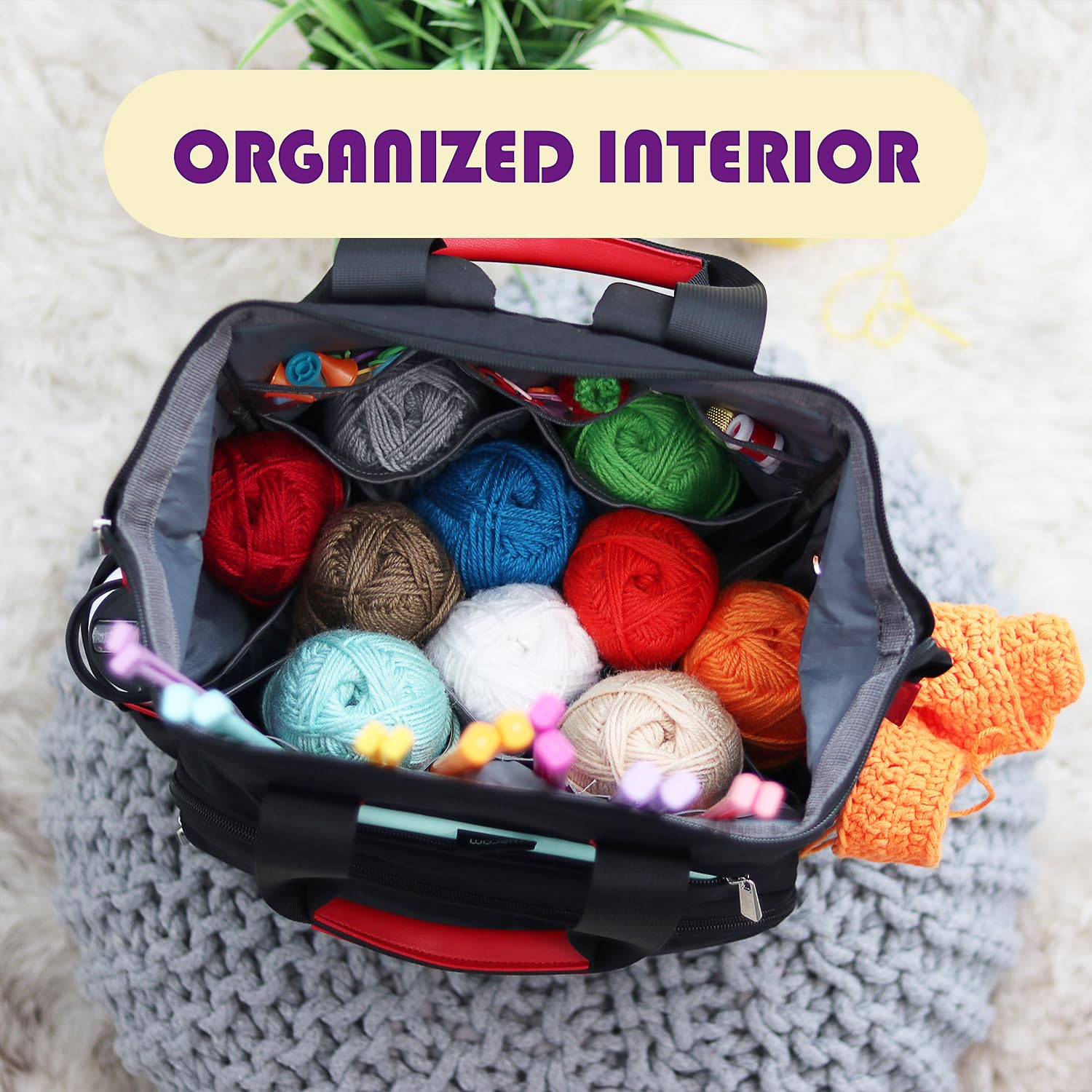 Hearth & Harbor Crochet Backpack - Canvas Knitting Bag & Yarn Organizer with USB Charging Port | Perfect for Crochet Supplies Storage, Travel Knitting Projects & On-the-Go Crafting