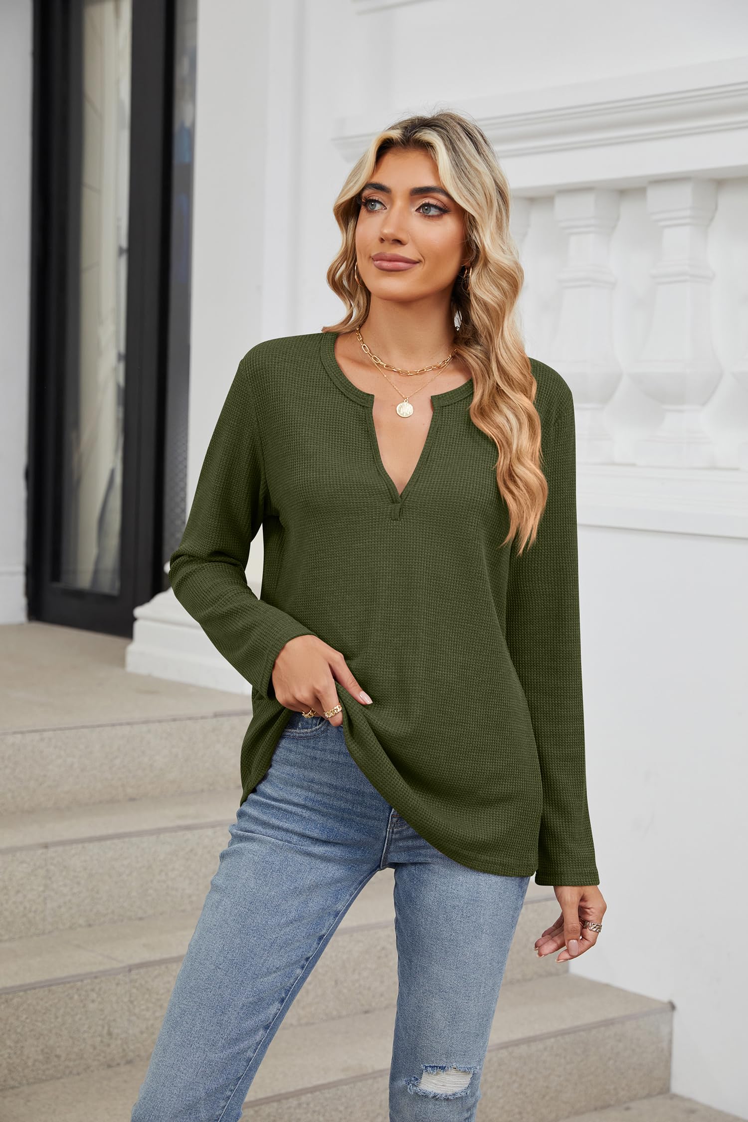 Women's V-Neck Waffle Knit Long Sleeve Tunic T-Shirt - Casual Solid Pullover Sweater Top for Everyday Wear, Office & Fall Outfits