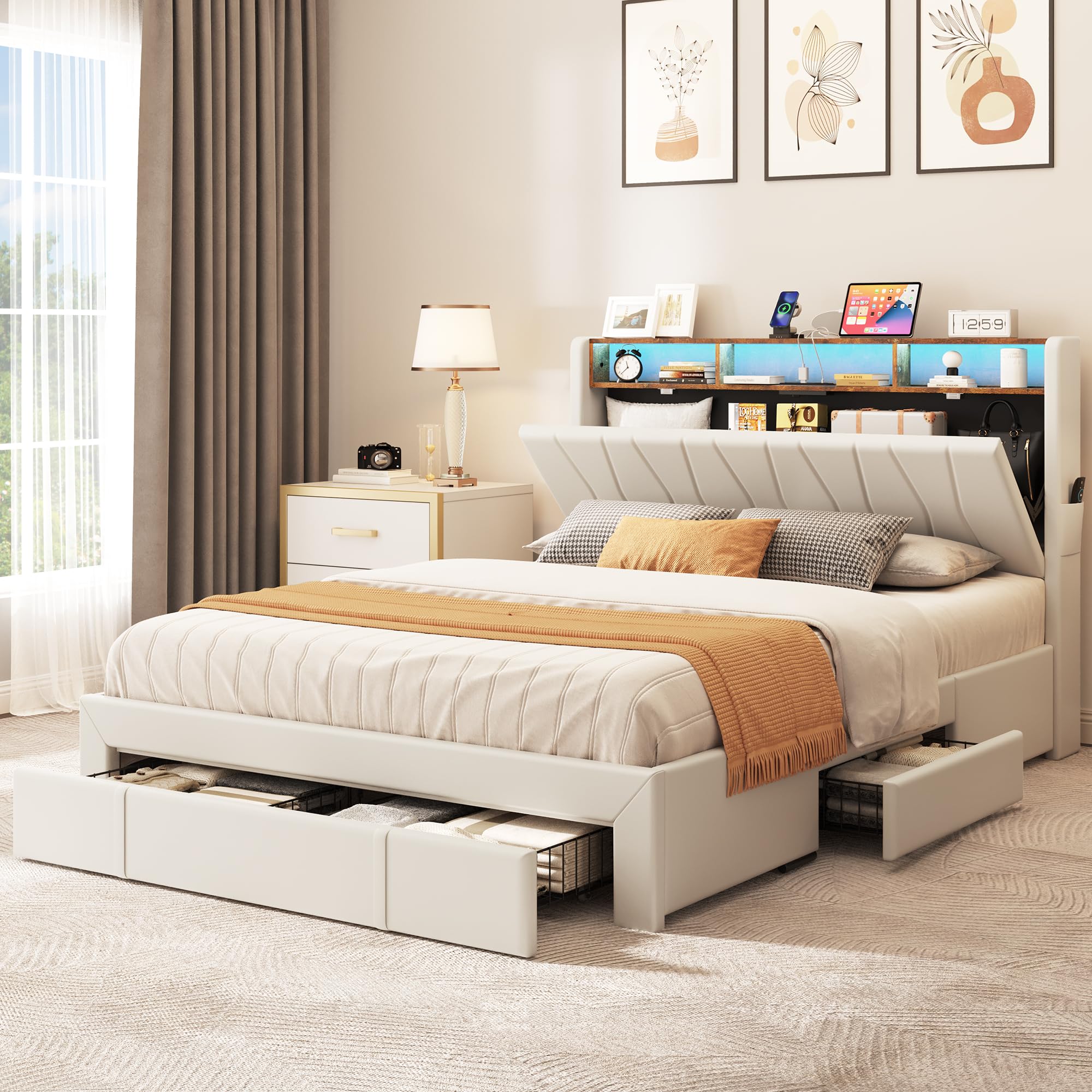 YITAHOME Queen Size Storage Bed Frame with 4 Drawers, LED Lights & USB Charging Station - Upholstered Platform Bed with Headboard, No Box Spring Needed, Easy Assembly, Beige - Perfect for Small Bedrooms, Guest Rooms & Modern Apartments