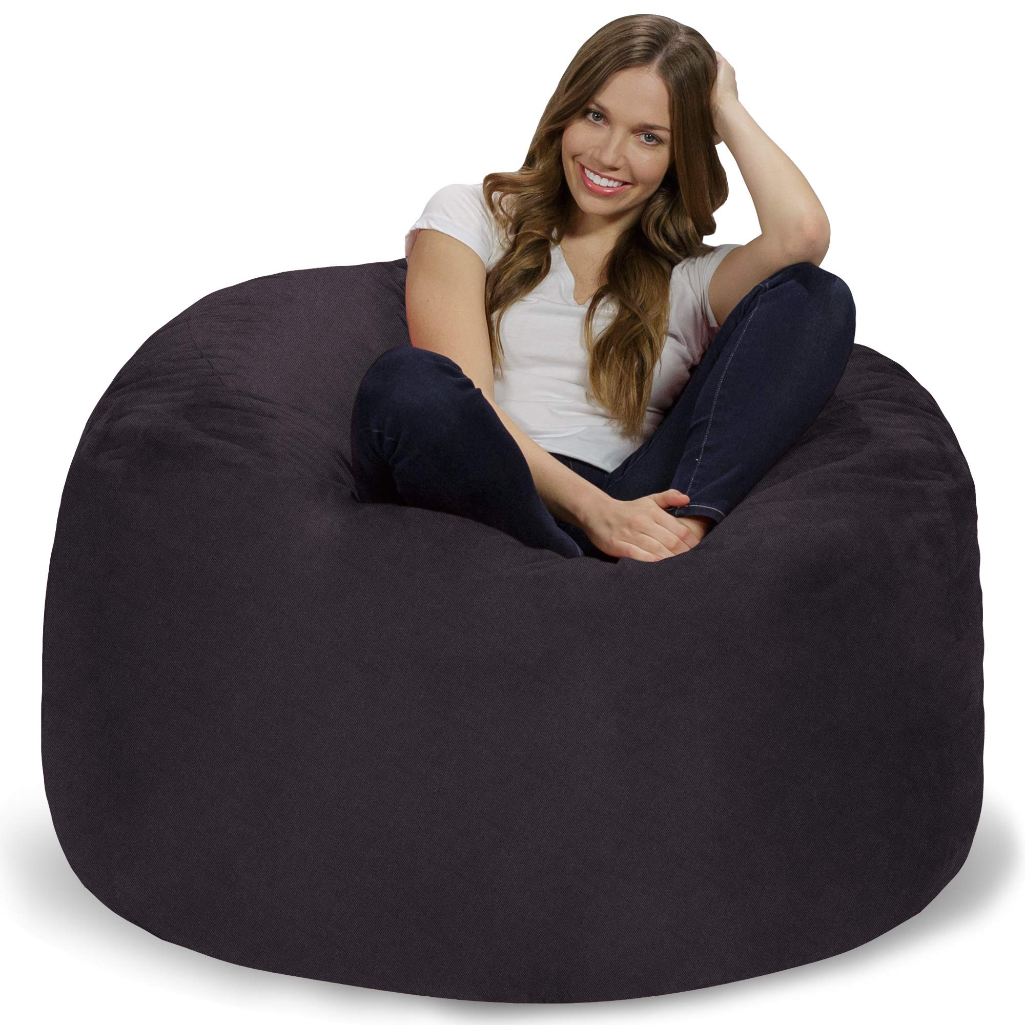 Chill Sack 4' Memory Foam Bean Bag Chair - Oversized Faux Linen Sofa Cover, Soft & Comfortable (Black) - Perfect for Living Room, Game Room & Dorm Relaxation