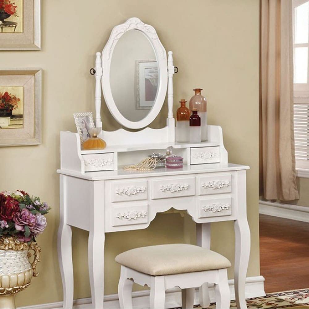 Benjara Benzara Elegant Vanity Table and Stool Set for Women, Ivory White - Perfect for Bedroom Makeup Dressing & Home Decor