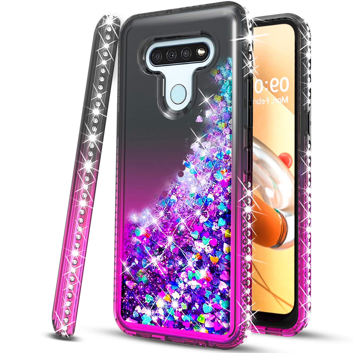LG K51 Phone Case & LG Reflect (L555DL) Case with Tempered Glass Protector - STARSHOP Liquid Glitter Quicksand Cover with Spot Diamonds (Black/Pink) - Perfect for Everyday Protection & Style