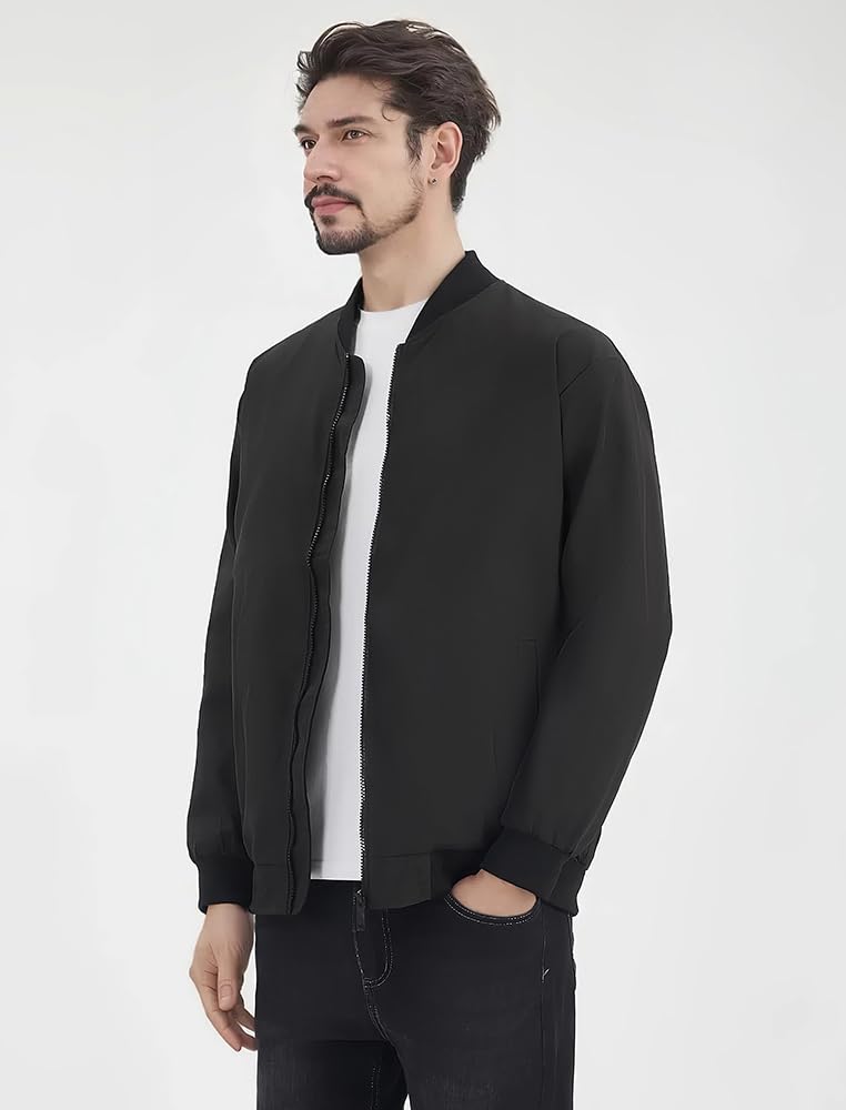 Men's Lightweight Bomber Jacket - Black Windbreaker Flight Varsity Jacket for Casual Wear | Perfect for Outdoor Activities, Travel & Street Style Fashion