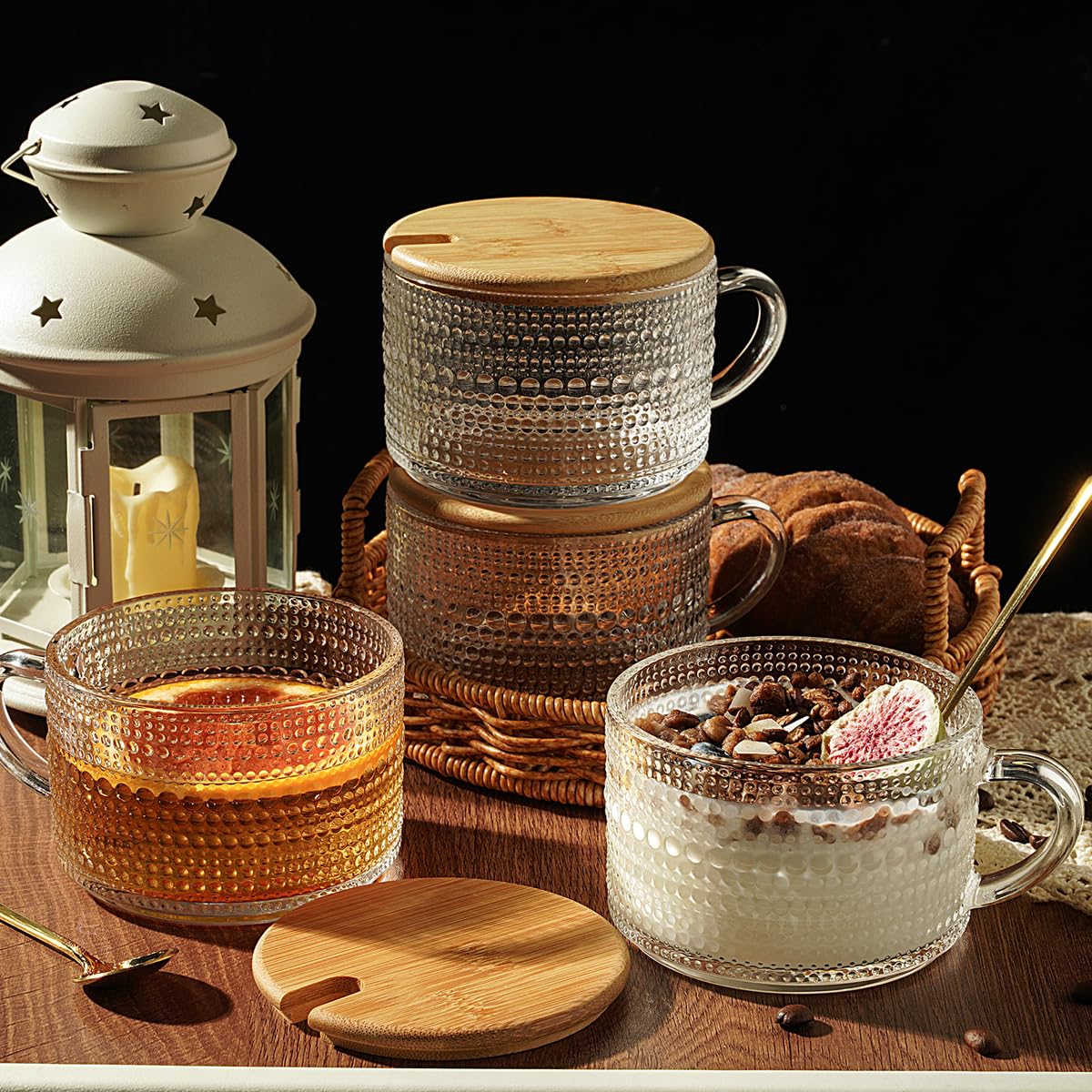 Vintage Glass Coffee Mugs Set of 4 - 14oz Clear Embossed Drinking Cups with Bamboo Lids & Spoons - Perfect for Overnight Oats, Tea, Iced Coffee - Ideal Gift for Women, Home & Office Use