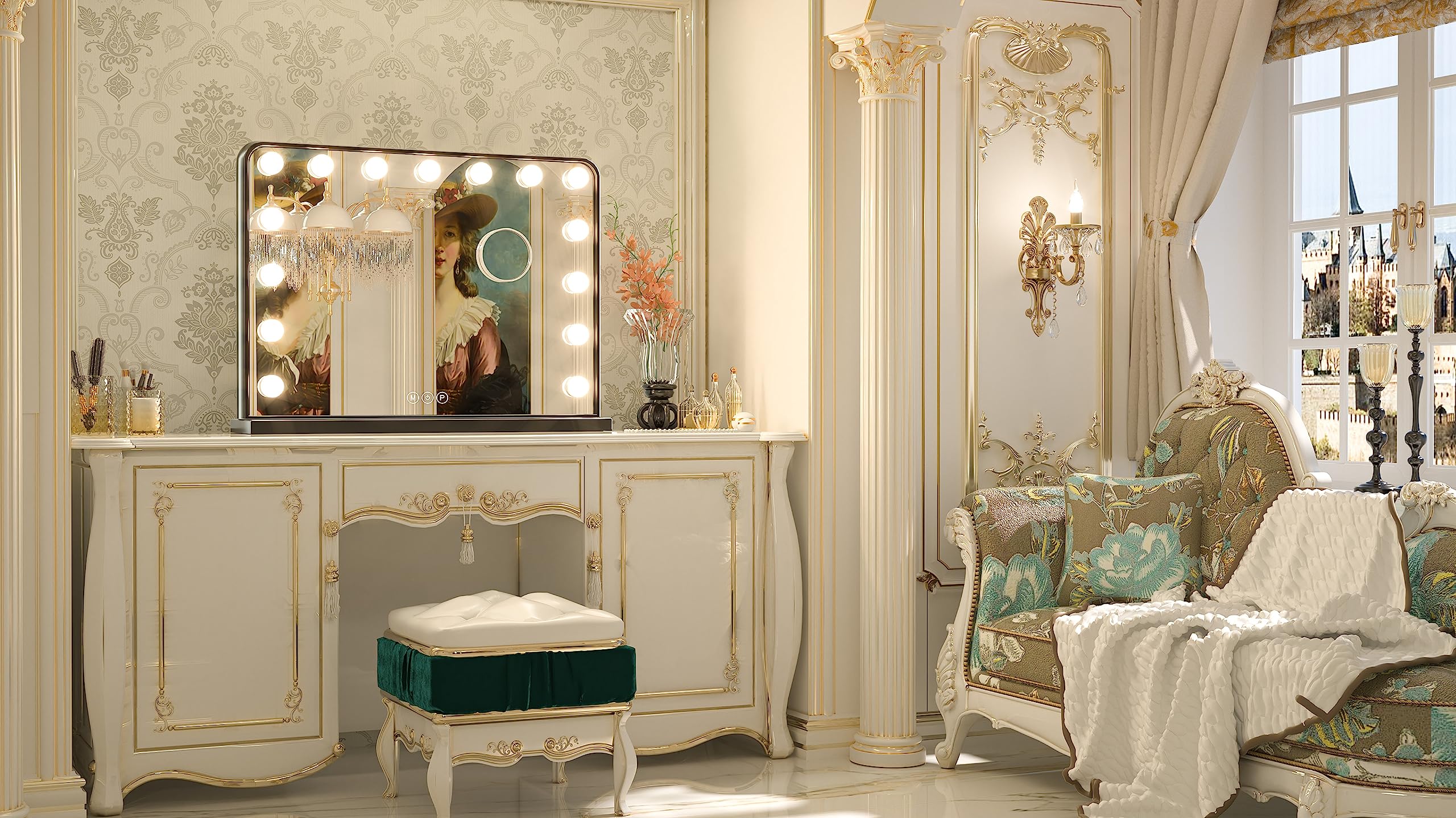 Keonjinn Hollywood Vanity Mirror with Lights - 15 Replaceable Bulbs, 3 Color Modes, USB Charging, Aluminum Frame (23
