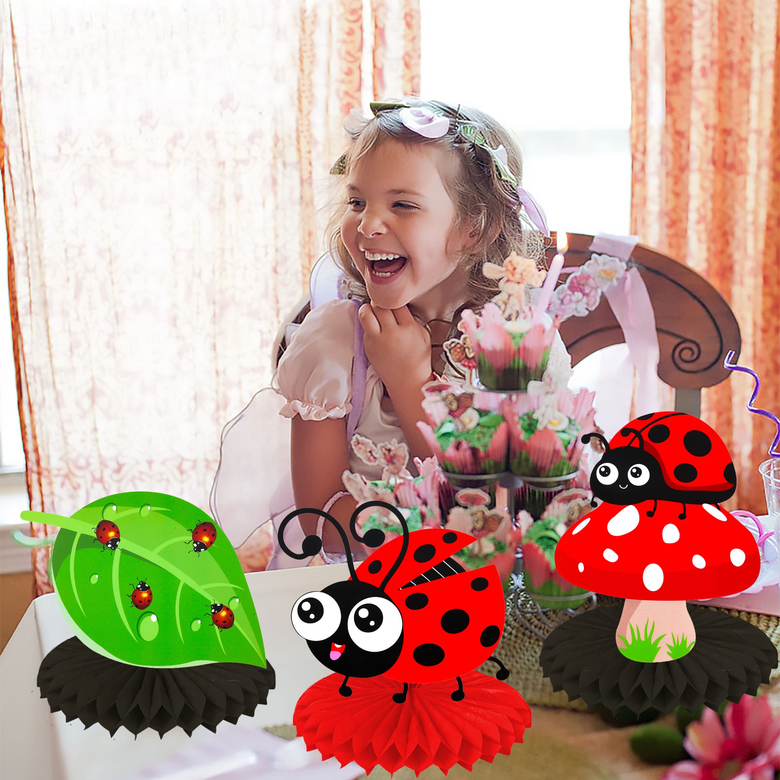 9Pcs Little Ladybug Party Table Decorations - Honeycomb Centerpieces & Baby Shower Decor for Girls Birthday Party Supplies | Perfect for Garden Themed Parties, Kids Room Decor & Spring Celebrations