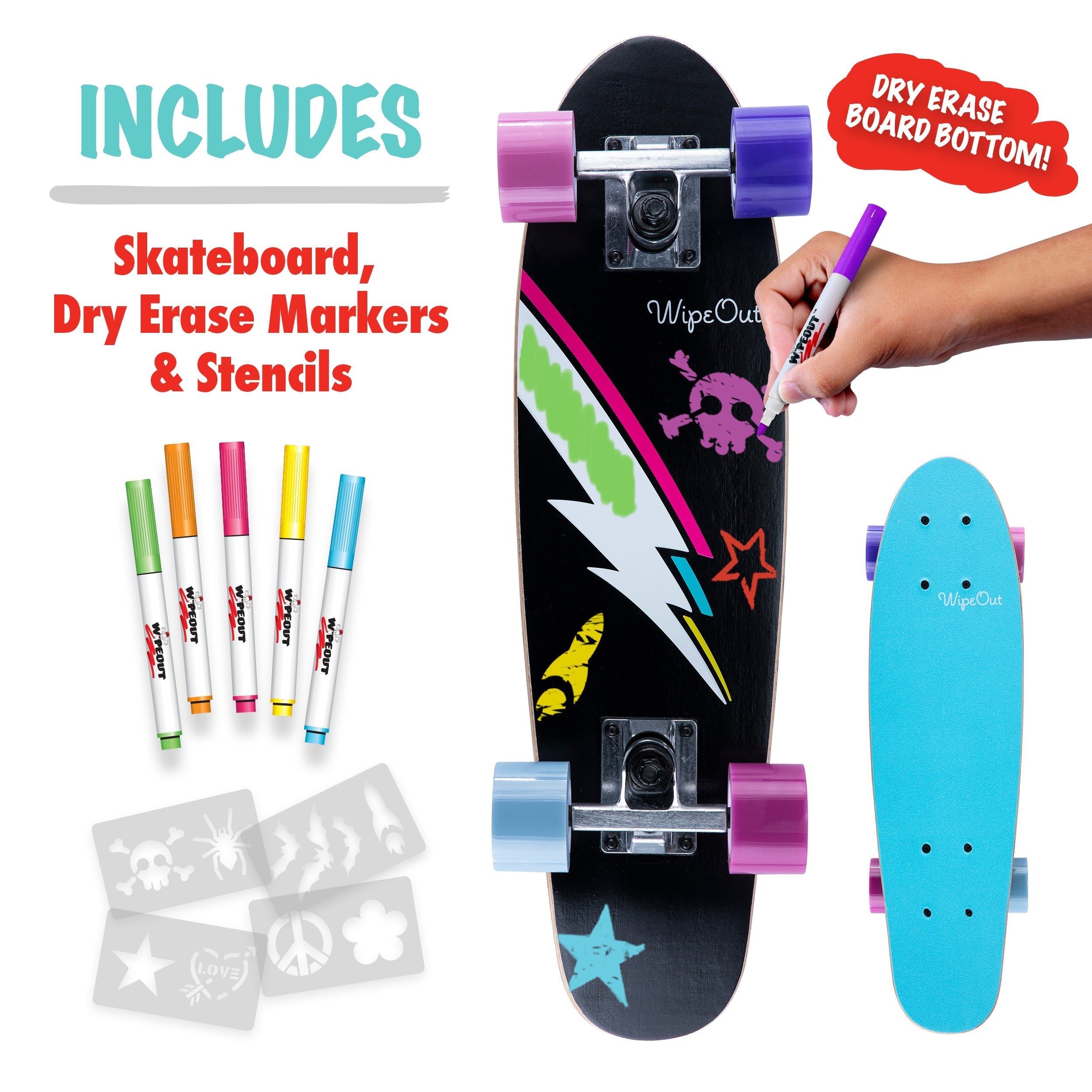 Wipeout™ Dry Erase Skateboards - Whiteboard Skateboard for Kids & Adults - Reusable Drawing & Learning Toy - Perfect for Classrooms, Offices & Creative Play