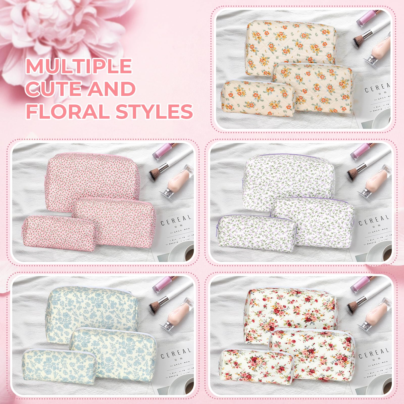 Quilted Makeup Bag Set for Women - Large Floral Cosmetic Pouch, Cute Cotton Brushes Storage & Travel Toiletry Organizer (Pink Floral) - Perfect for Travel, Home & Gift Giving