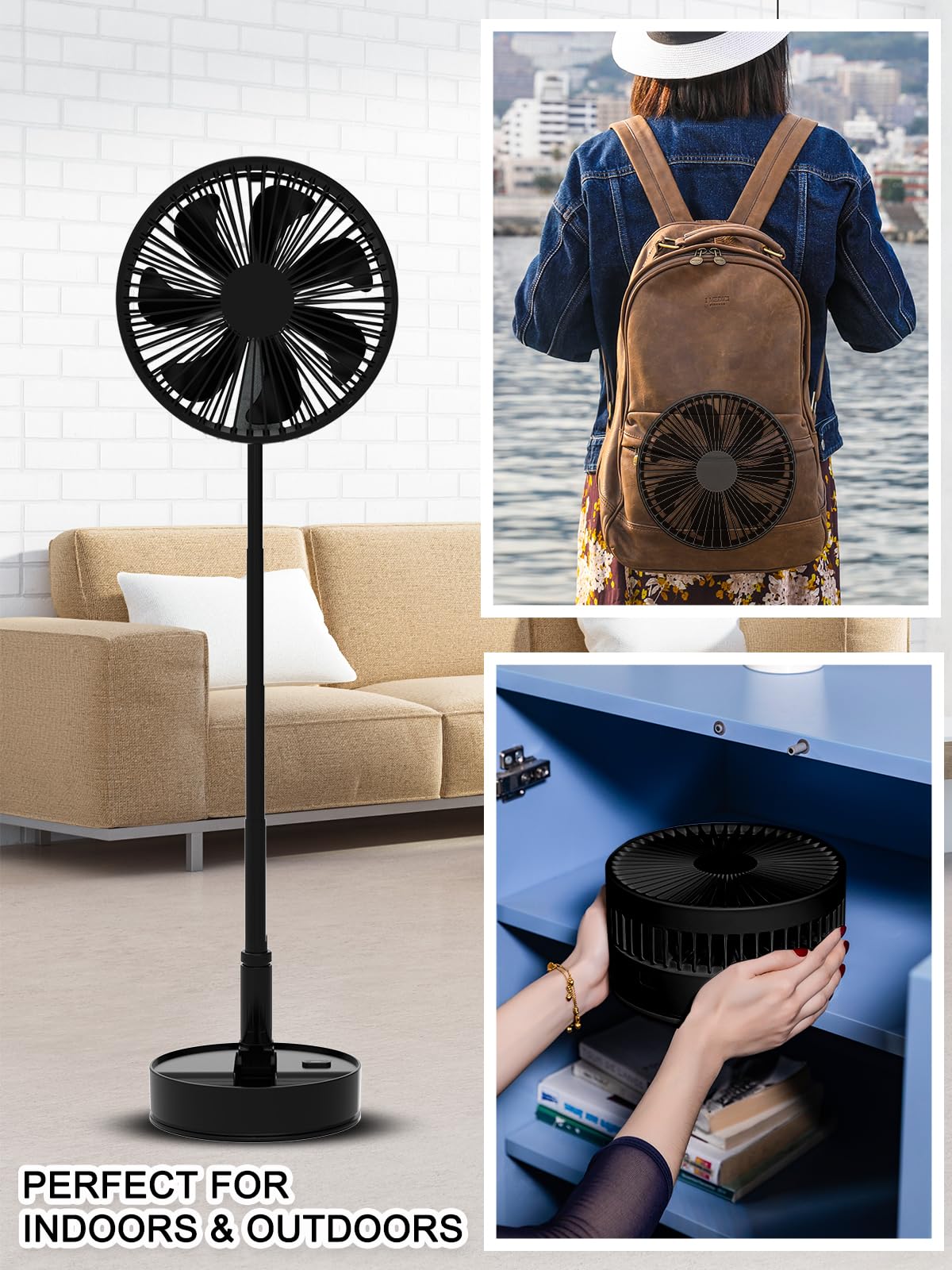 UN UNITEDTIME Foldable Fan with Remote Control - 7200mAh Rechargeable Battery, 4 Speed Settings & Timer - Portable Pedestal Fan for Camping, Travel, Outdoor, Home Use - Perfect for Bedroom, Office, and Patio (Black)