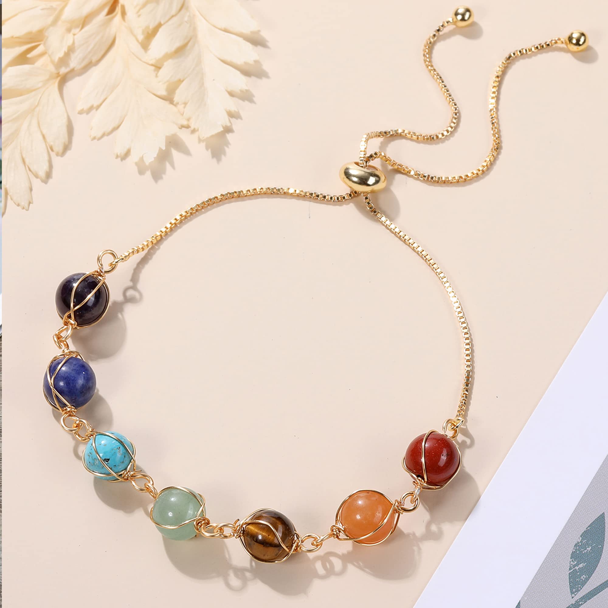 7 Chakra Healing Crystal Stone Bead Adjustable Ankle Bracelet - 14K Gold Plated Women's Spiritual Jewelry for Meditation, Yoga & Positive Energy - Perfect Birthday Gift for Mom, Wife & Loved Ones