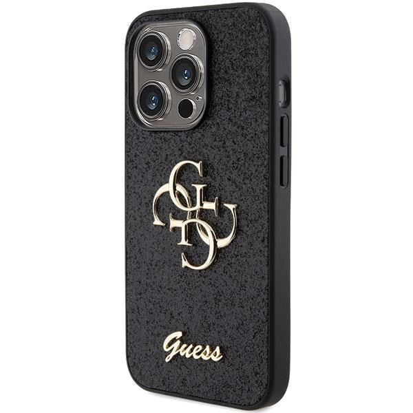 Guess Glitter Script Big 4G Phone Case for iPhone 15 Pro Max 6.7 Inch - Sparkly Black Protective Cover (GUHCP15XHG4SGK) | Perfect for Everyday Use, Parties & Gift Giving