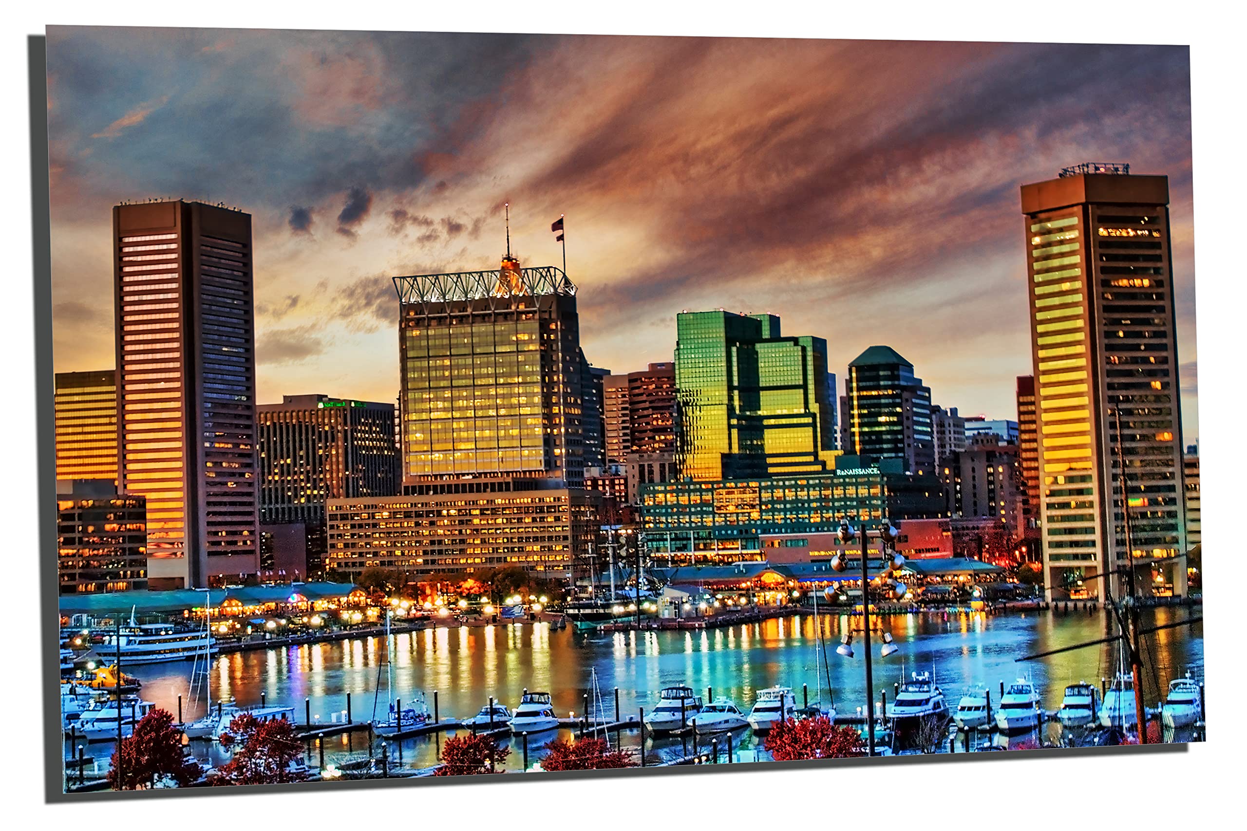 Baltimore MD Metal Print Wall Art - 36 x 24 Canvas Quest Inner Harbor Sunset Skyline | Home & Office Decor, Living Room Wall Decor, Gift for Baltimore Lovers