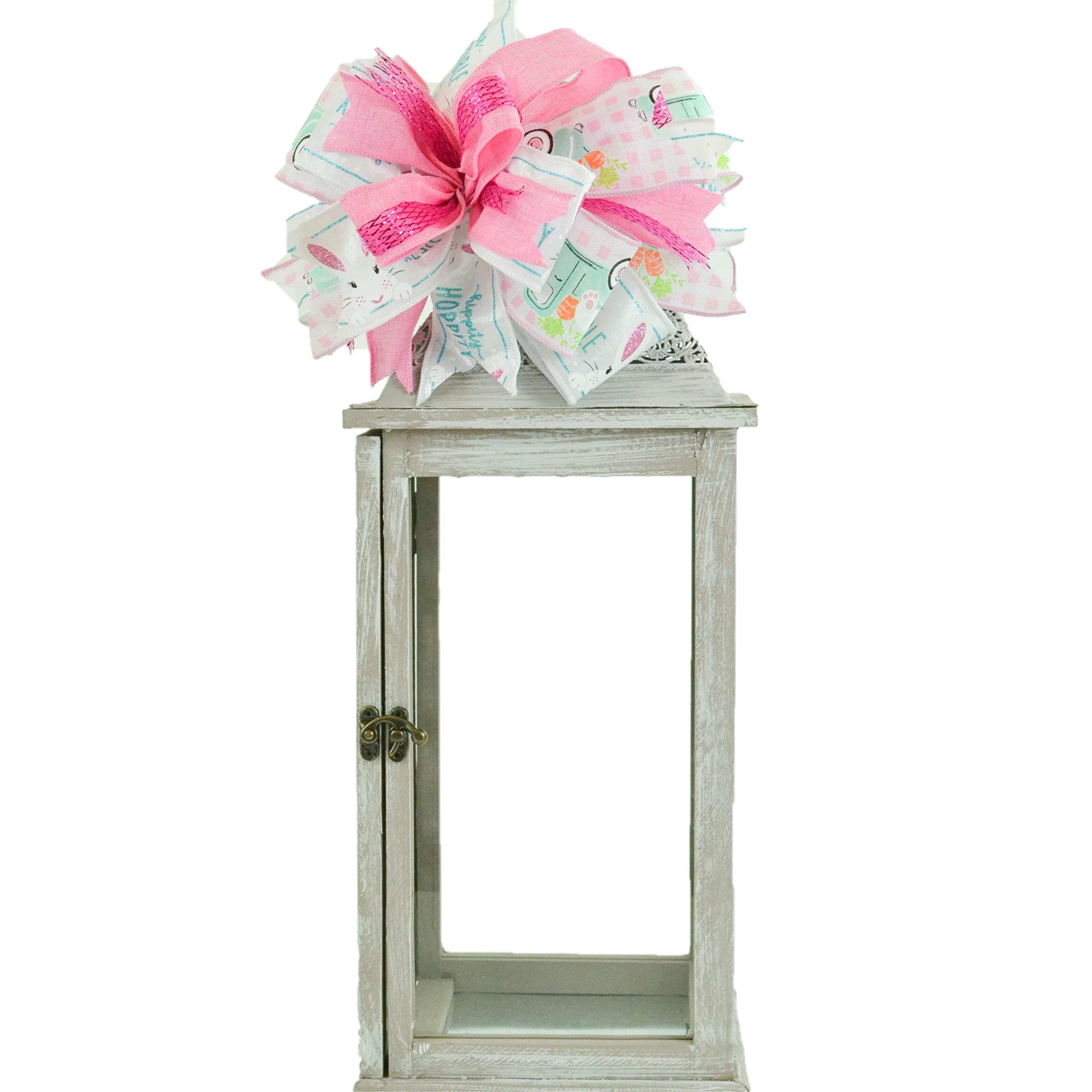 Easter Bunny Plaid Pink Turquoise Truck Lantern Wreath Bow - Handmade Farmhouse Burlap Wreath Decor for DIY Crafts - Set of 10 Pastel Easter Wreath Embellishments (Perfect for Spring Home Decor, Easter Party, Front Door Wreath Making & Farmhouse Style Gift)