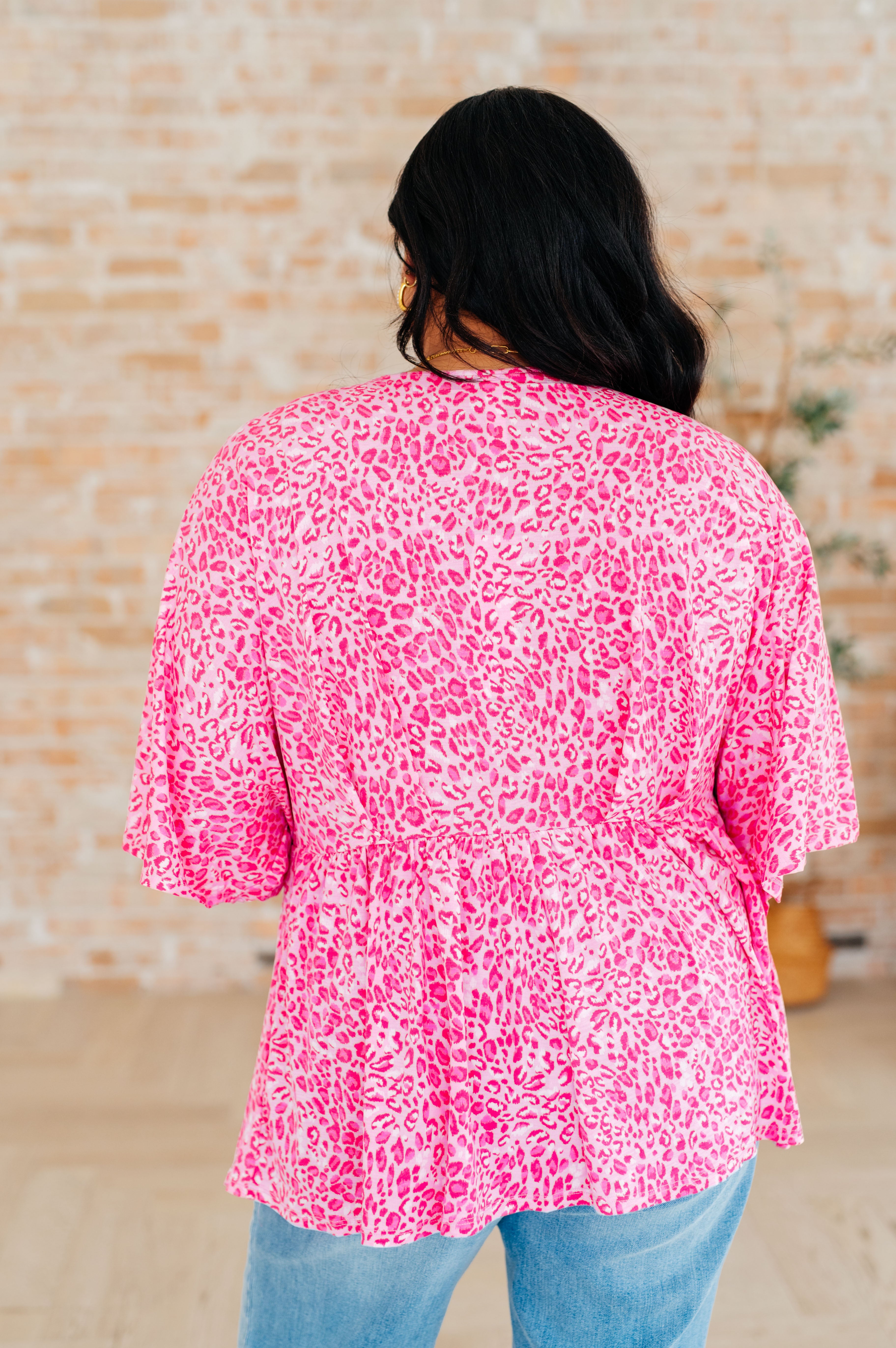 Dreamer Peplum Top in Pink Leopard Print - Women's Fashion Blouse for Casual Wear & Party Outfits