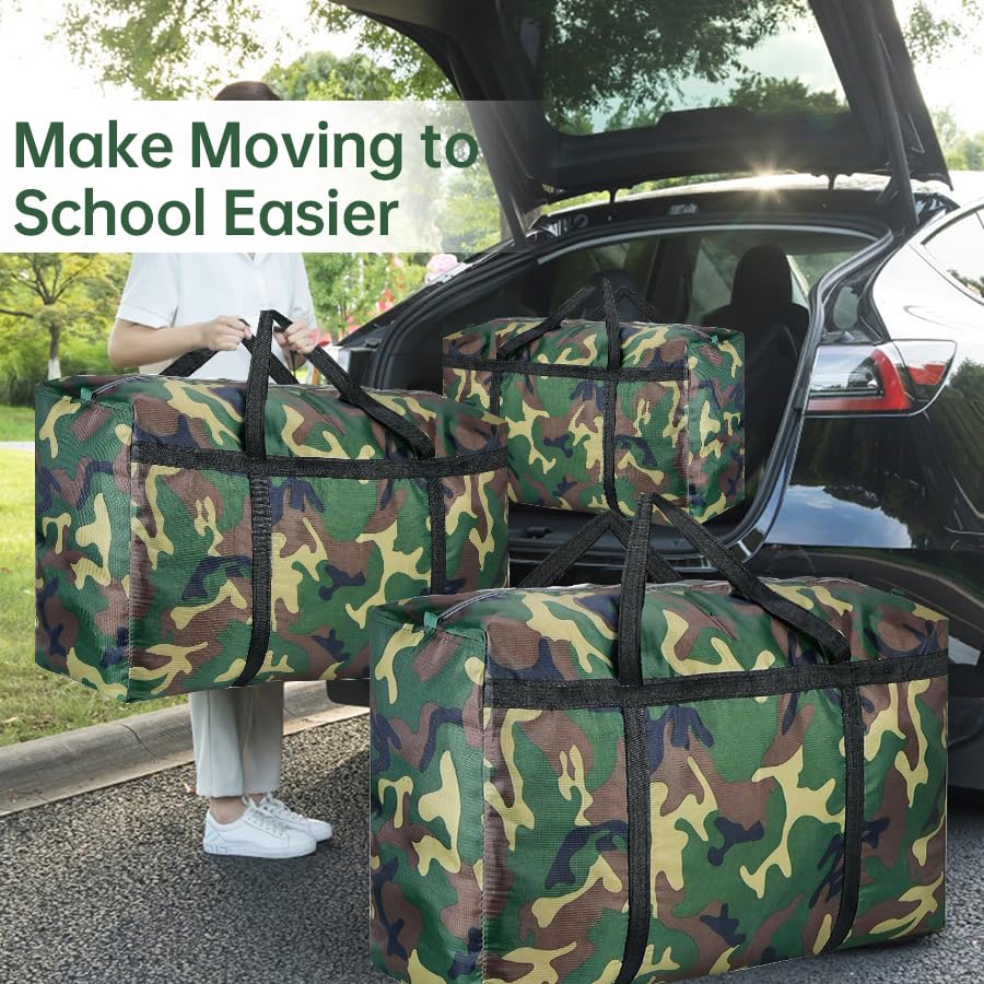 4 Pack 105L Heavy Duty 600D Oxford Moving Bags - Extra Large Storage Bags with Reinforced Handles & Zippers - Waterproof Travel Packing Bags for College Moving, Home Storage, Camping Gear & Outdoor Adventures (28 Gallon Camouflage) - Perfect for Dorm Room Organization, RV Trips & Military Style Luggage