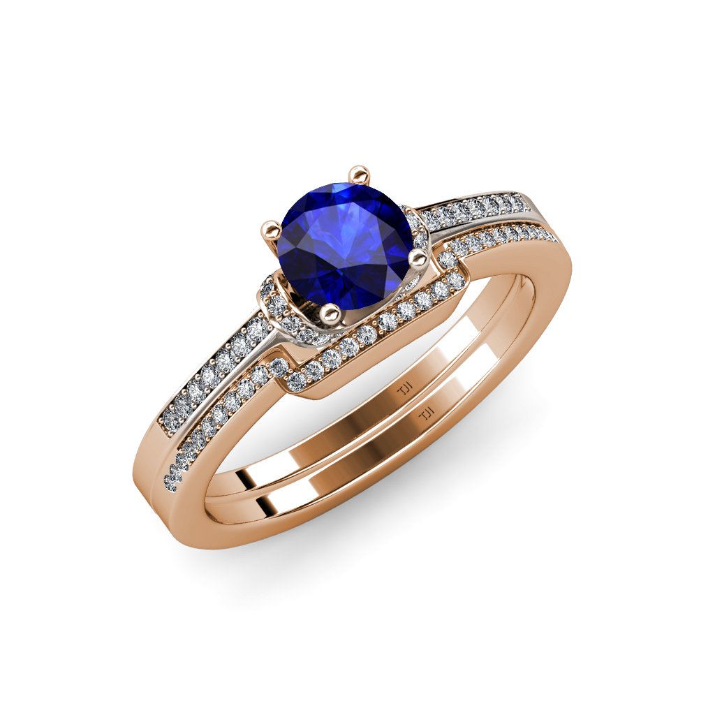 1.30ctw Blue Sapphire & Diamond Engagement Ring and Wedding Band Set in 14K Rose Gold – Perfect for Proposals, Anniversaries, and Bridal Jewelry