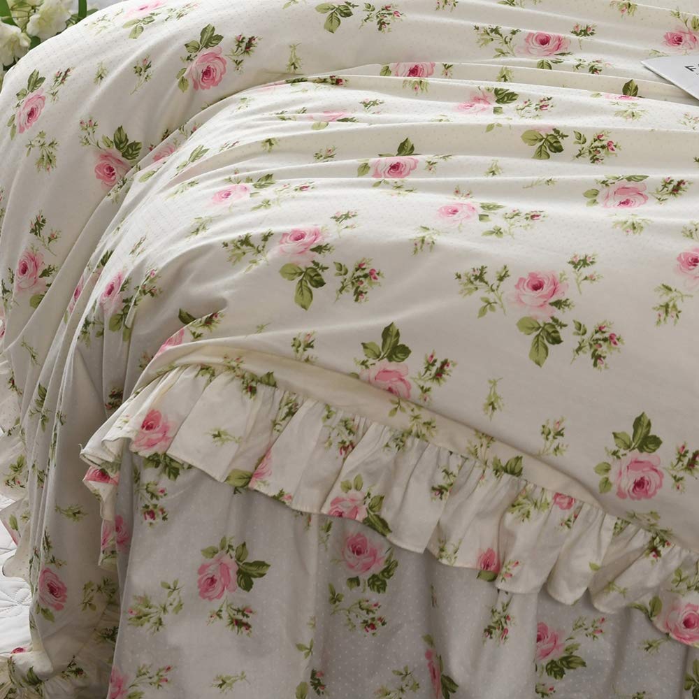 ABREEZE Ruffle Duvet Cover Set Twin Size - Shabby Chic Floral Bedding 3 Piece Set in Beige & Rose | French Country Farmhouse Style for Girls' Room & Guest Bedroom Decor