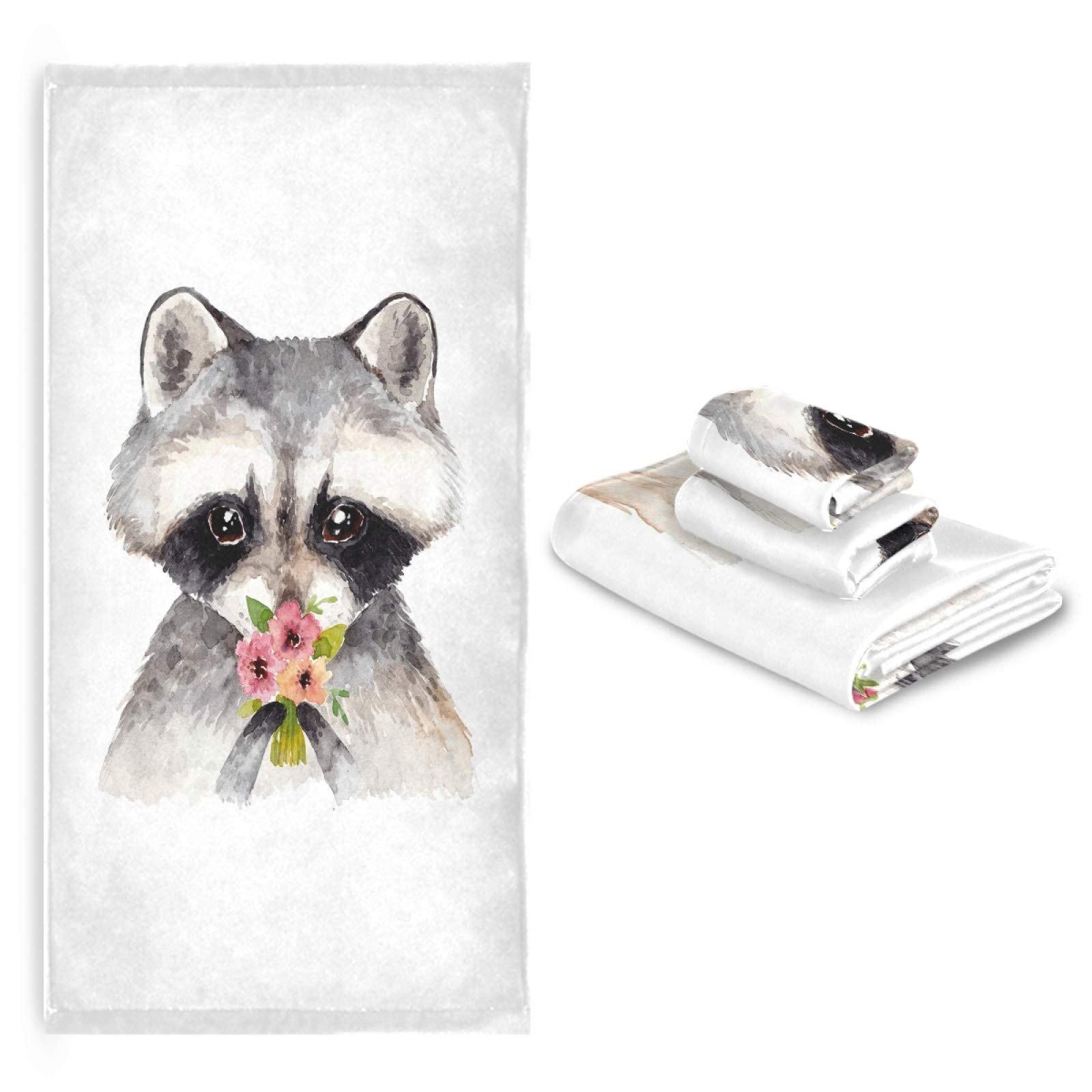 Soft Absorbent Watercolor Raccoon Baby Bath Towel Set - 3 Pieces (Bath Towel, Hand Towel, Washcloth) for Nursery, Spa, Hotel & Beach | Floral Animal Print Baby Shower Gift