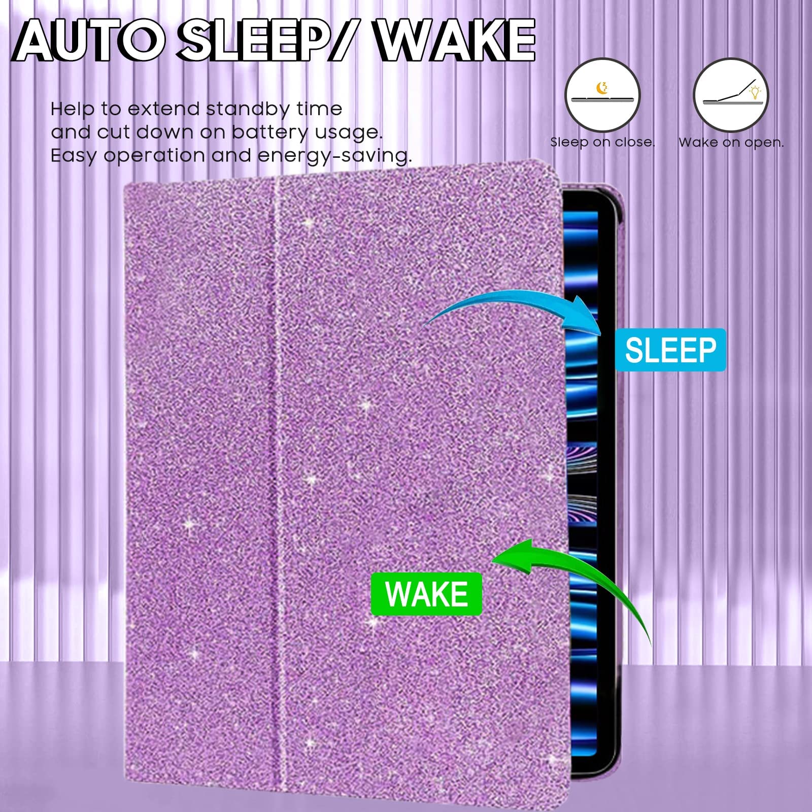 2024 iPad Air 13 & iPad Pro 12.9 Case (6th/5th/4th/3rd Gen) - Glitter Protective Cover with Pencil Charging, Folio Kickstand, Auto Sleep/Wake & Hand Strap | Slim Smart Cover for Work, School & Travel - Purple