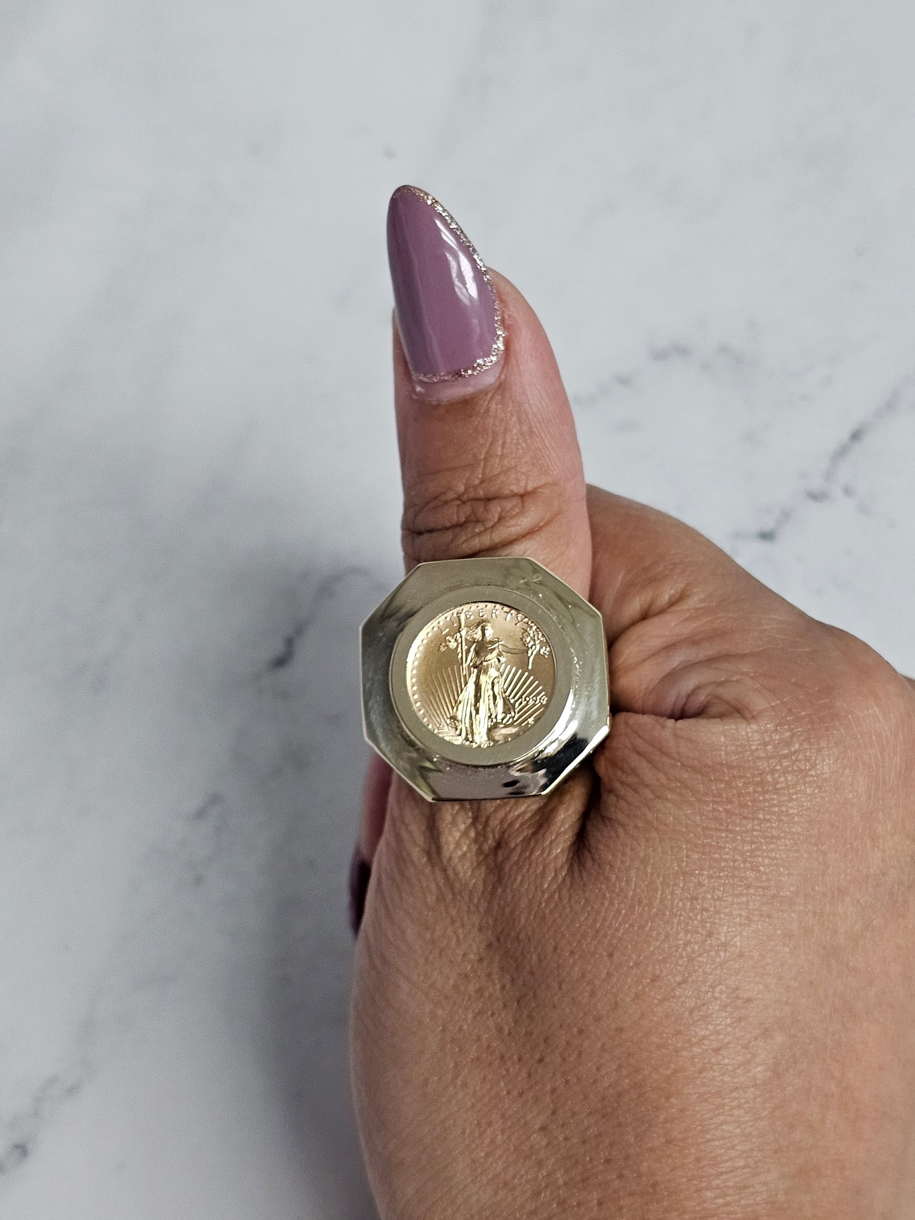 1/10OZ Lady Liberty Coin Ring - Octagon Bezel & Nugget Band - Unique Silver Jewelry for Women - Perfect for Gifts, Weddings & Special Occasions