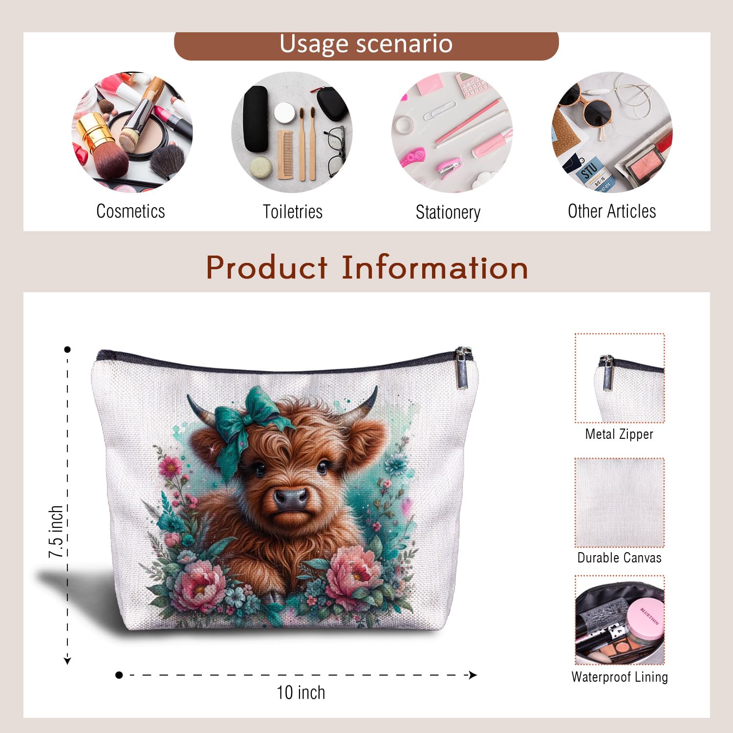 Floral Highland Cow Makeup Bag - Cute Cow Cosmetic & Toiletry Pouch for Women | Perfect Gift for Cow Lovers, Western Theme & Coquette Style | Great for Travel, Gym & Daily Organizer