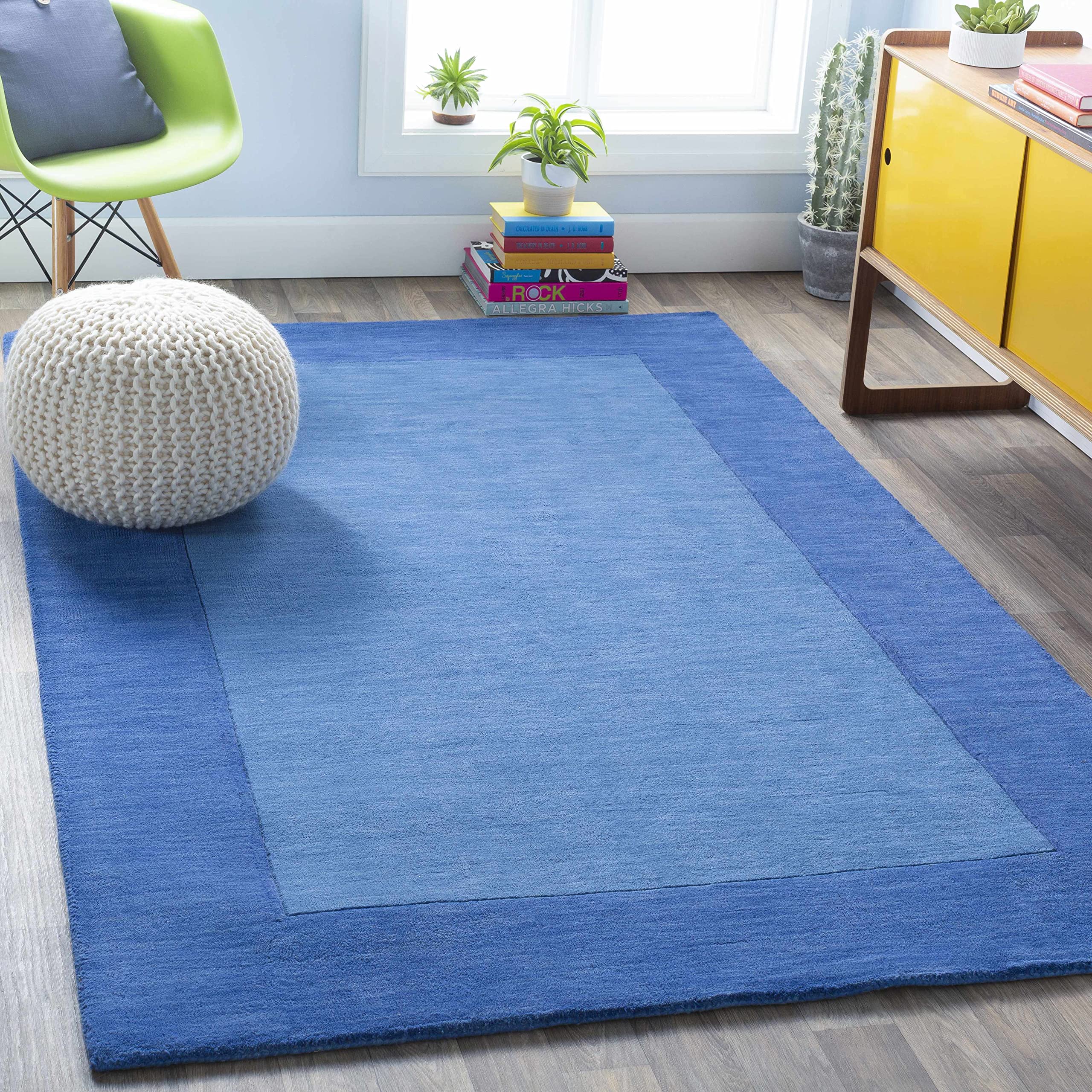 Premium Hauteloom Macedon Wool Area Rug for Living Room & Bedroom - Solid Blue with Border - 6' x 9' - Soft & Durable - Perfect for Cozy Home Decor, Family Gatherings and Relaxing Spaces