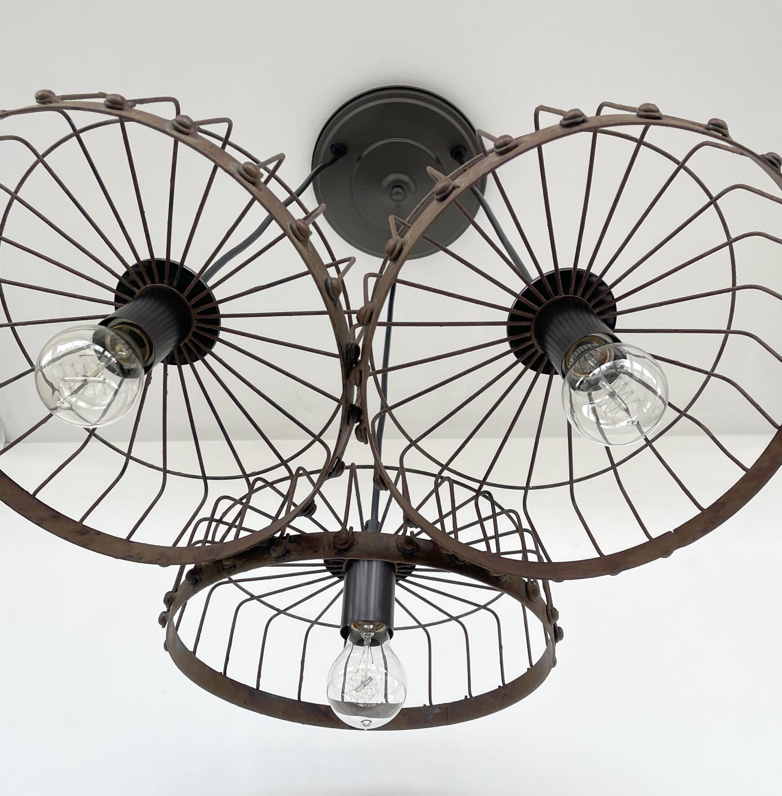 Rustic Industrial Wagon Wheel Chandelier Trio Light - Farmhouse Ceiling Lighting Fixture for Dining Room, Living Room & Bedroom Decor