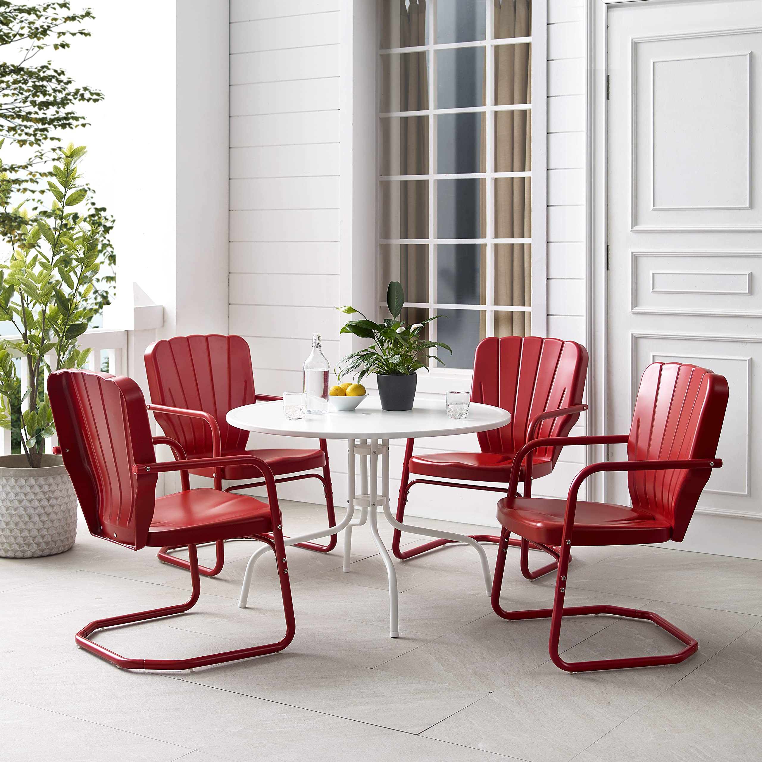 **Crosley Ridgeland 5-Piece Outdoor Dining Set for 4 - Retro Metal Round Patio Table & Chairs with Bright Red Glossy Finish - Perfect for Backyard, Garden, and Poolside Gatherings**