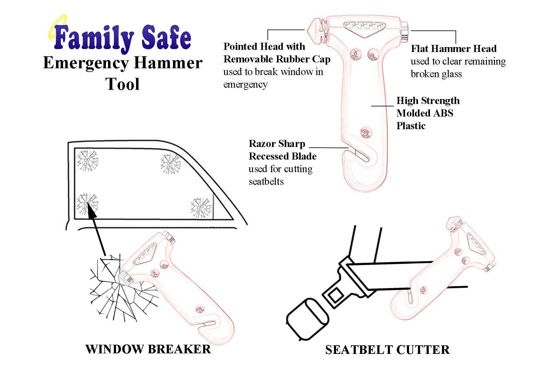 2 Pack Car Safety Hammer with Seatbelt Cutter & Window Breaker - Emergency Escape Tool for Vehicles - Perfect for Roadside Emergencies, Car Accidents & Breaking Glass in Fire Situations