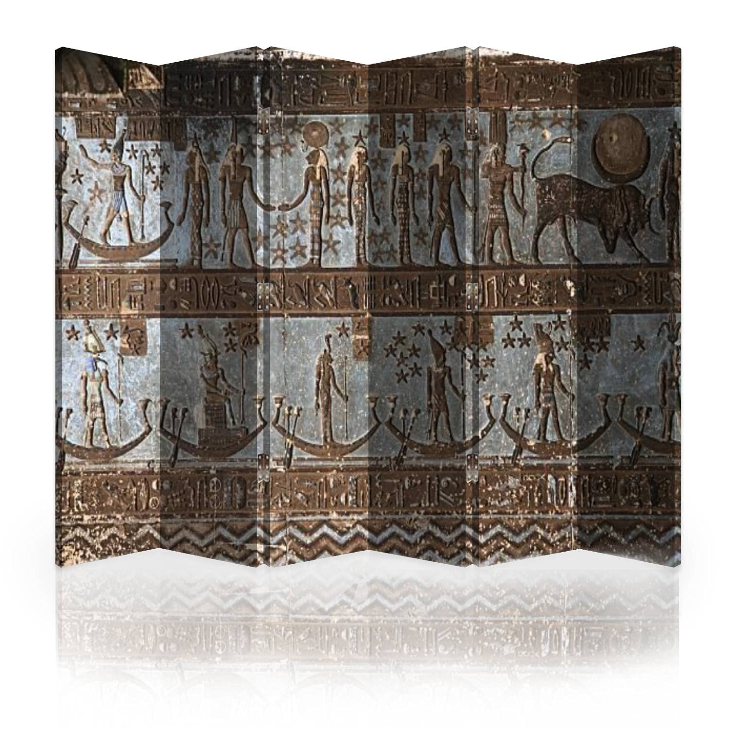 6-Panel Canvas Room Divider Screen - Egyptian Temple of Hathor Dendera Astronomical Ceiling Design - Folding Privacy Partition Wall Separator for Bedroom, Office & Living Space