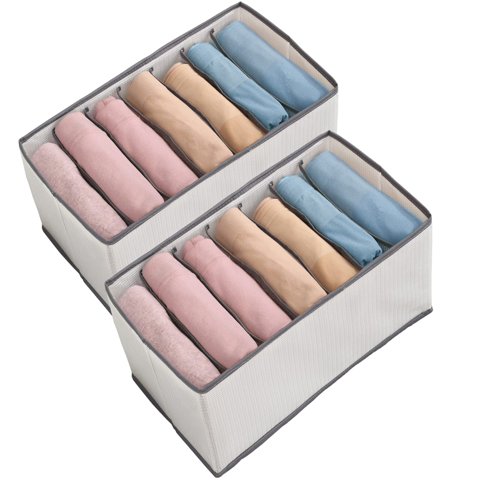 Washable Foldable Closet Organizer Storage Box for Jeans, Leggings, Skirts, T-shirts & Pants - 2 Pack Medium 7-Grid Drawer Compartment - Perfect for Bedroom, Dorm Room & Travel Storage Solutions