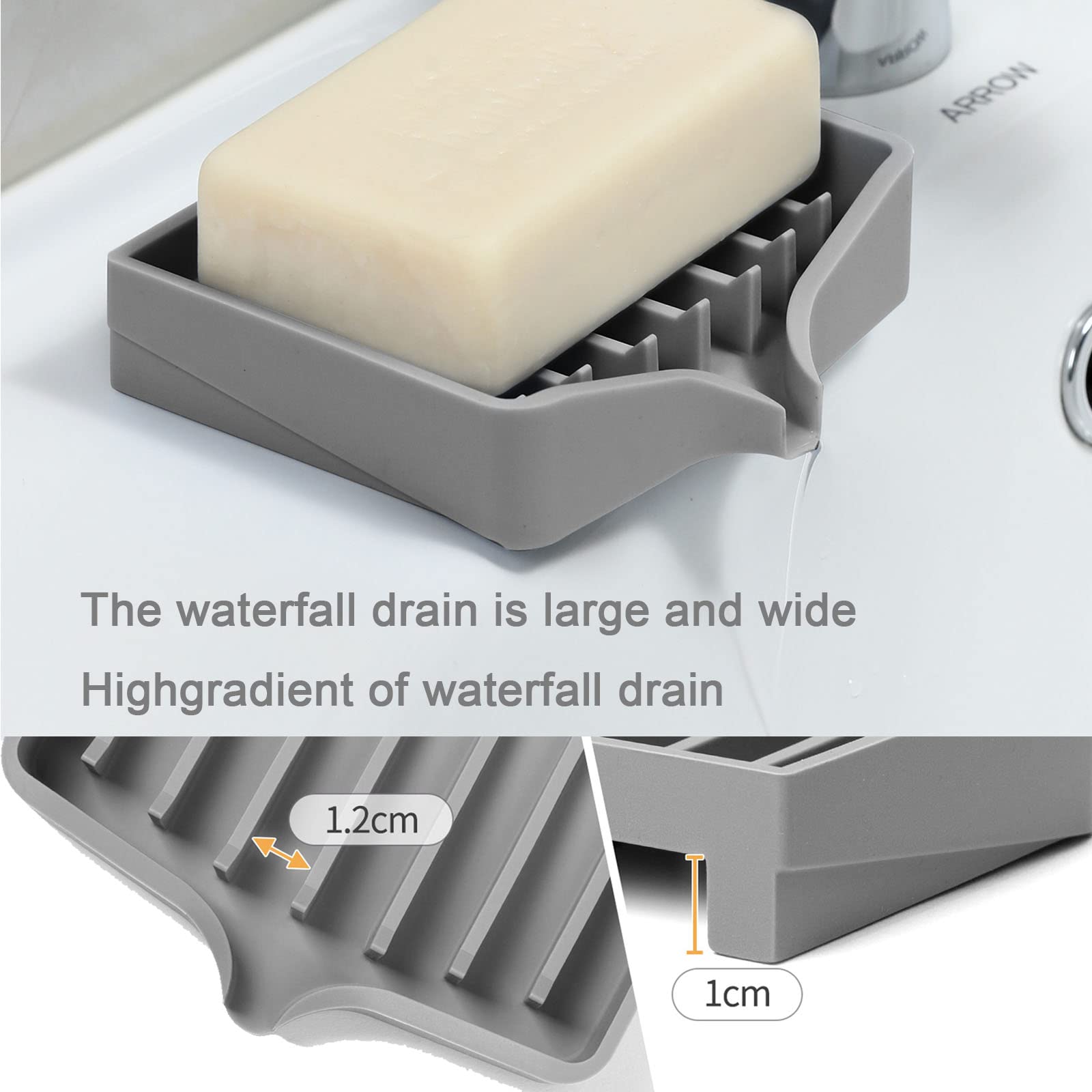 2 Pack Self Draining Soap Dish with Anti-Slip Design, Silicone Bar Soap Holder for Shower & Bathroom - Waterfall Drain, Sponge Tray for Kitchen Sink - Perfect for Bath, Shower, Kitchen & Travel Accessories (Gray)