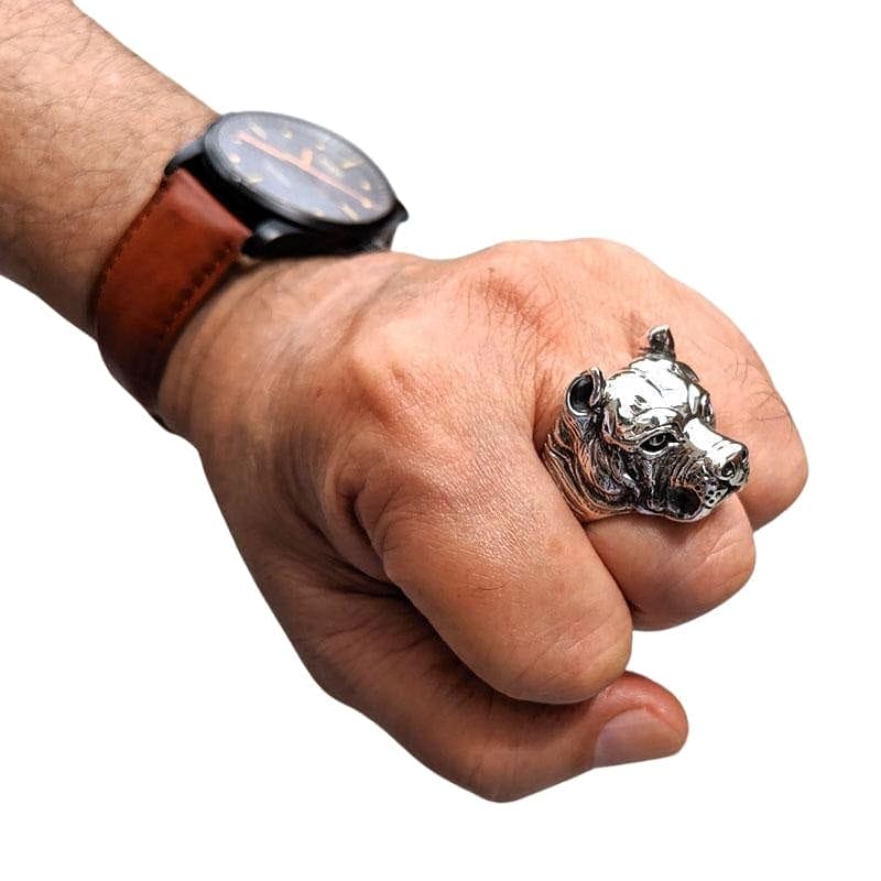 Pitbull Dog Sterling Silver Biker Ring for Men - Edgy Punk Jewelry Gift for Bikers, Motorcycle Enthusiasts - Perfect for Parties, Concerts & Everyday Wear