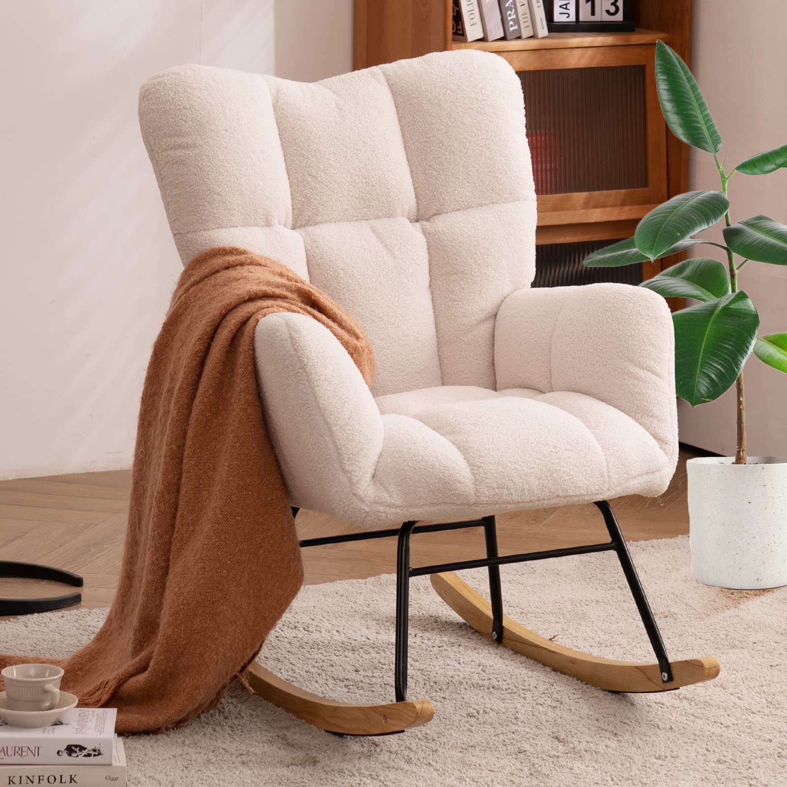 NIOIIKIT Teddy Upholstered Nursery Glider Rocking Chair - High Back Padded Seat Accent Armchair with Comfortable Cushions - Perfect for Nursery, Living Room, Bedroom & Office (Ivory Teddy) - Ideal for Breastfeeding, Relaxing & Reading
