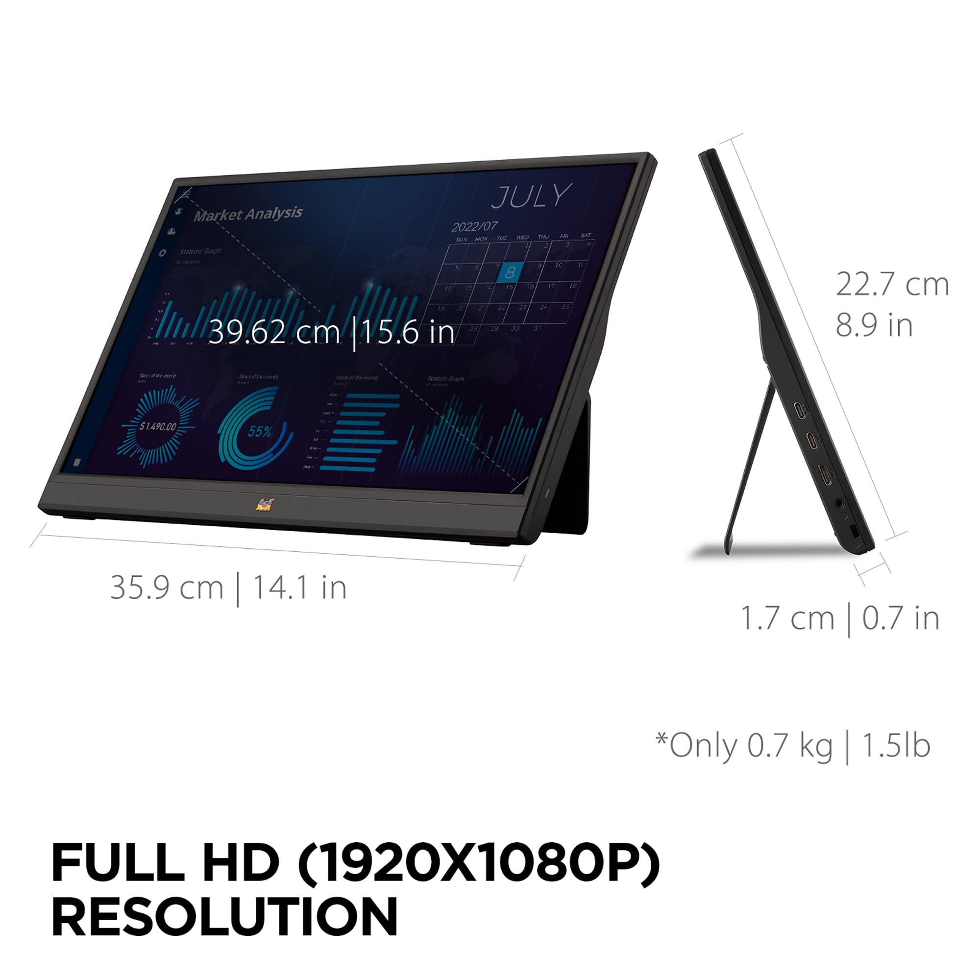 ViewSonic VA1655 15.6 Inch Full HD 1080p Portable IPS Monitor with Built-in Stand, USB-C & Mini HDMI - Slim Design for Home Office, Gaming & Business Travel - Includes Protective Case (Black)
