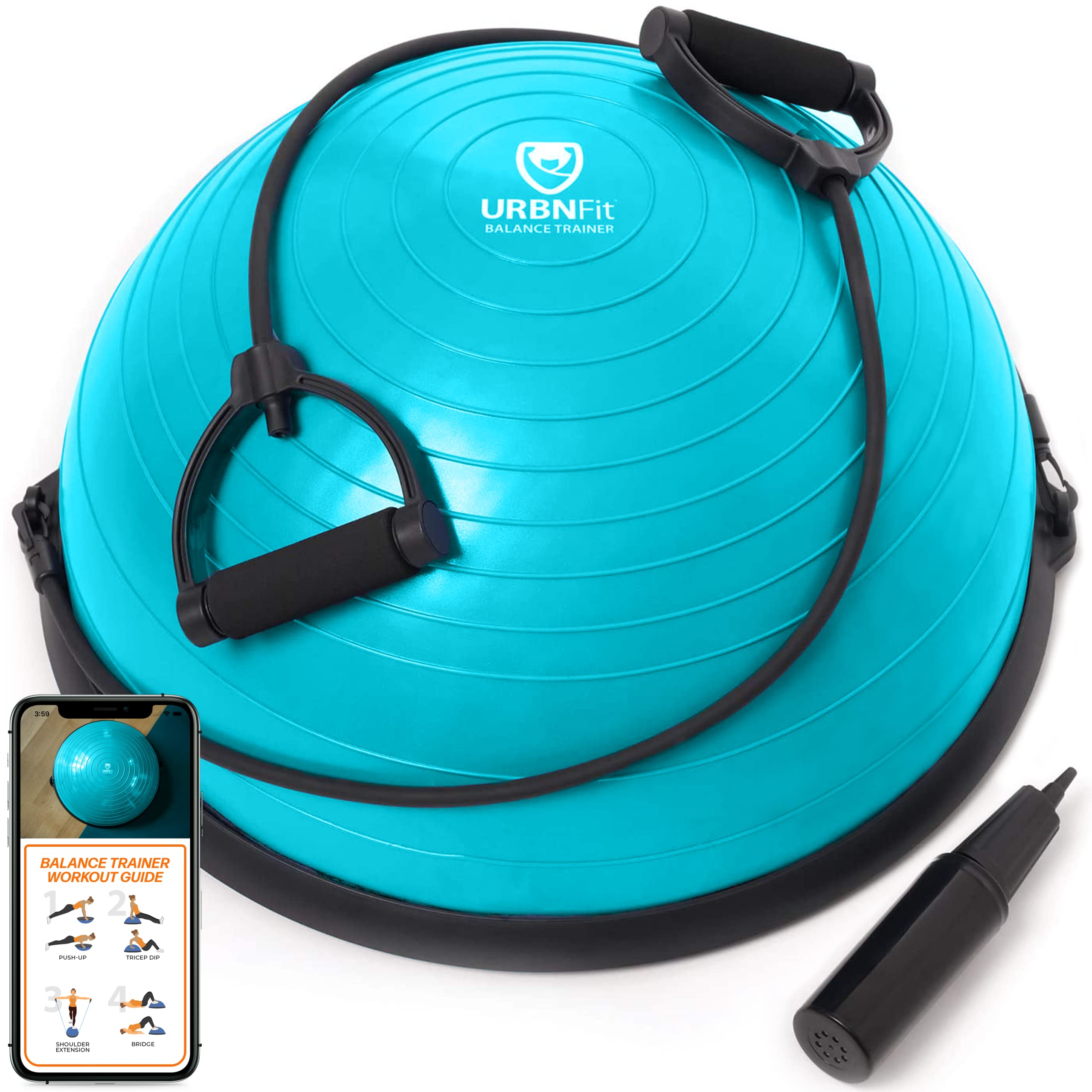 URBNFit Half Balance Ball - Core Stability & Full Body Workout Yoga Ball for Home Gym Fitness - Includes Resistance Bands, Pump & Exercise Guide - Perfect for Yoga, Pilates, Physical Therapy and Office Chair Workouts
