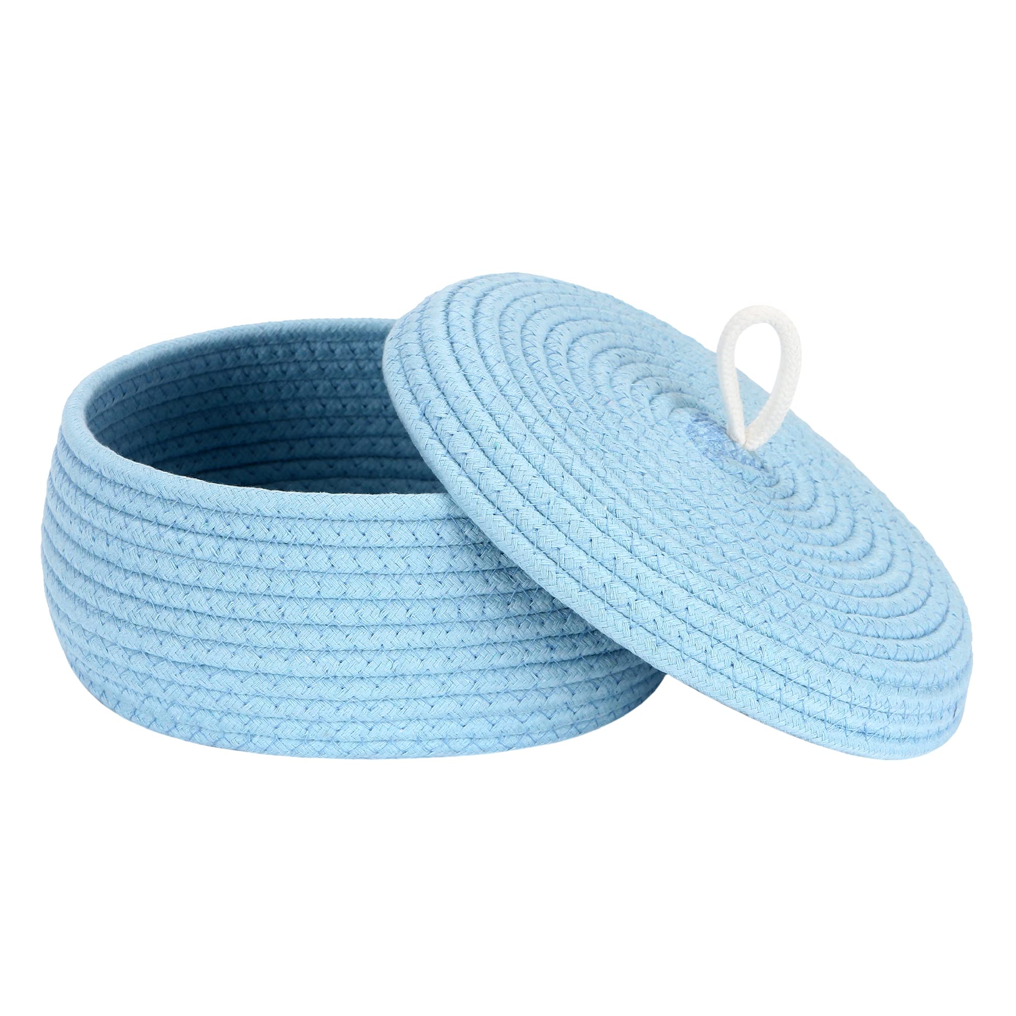 Sea Team Round Cotton Rope Storage Basket with Lid - Decorative Woven Storage Bin for Home Organization, Snacks, Towels & Plants - 10 x 4.5 Inches Small Shallow Blue Basket - Perfect for Nursery, Bathroom & Living Room Decor
