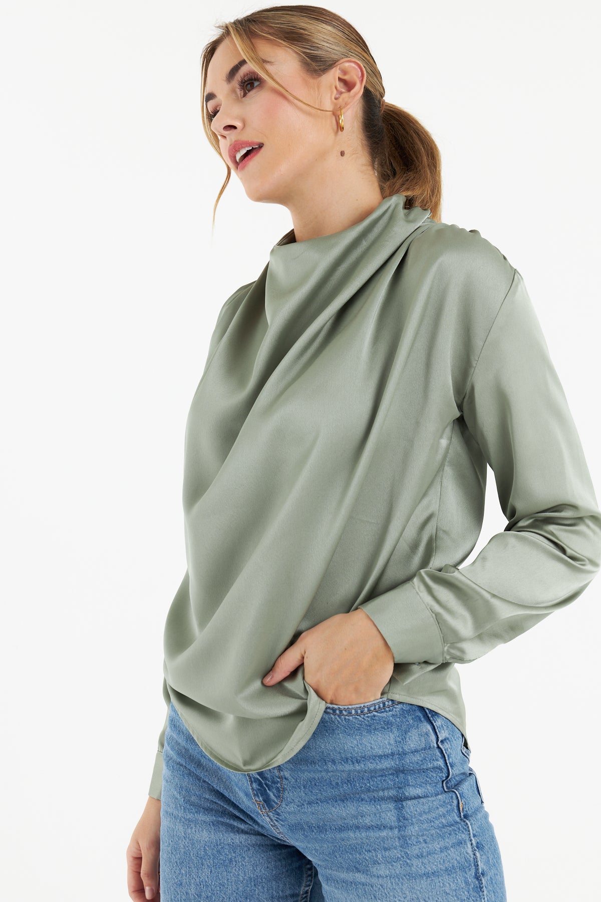 Gala Satin Blouse for Women - Elegant Olive Green Silk Shirt with Long Sleeves - Perfect for Office Wear, Party Outfits & Special Occasions