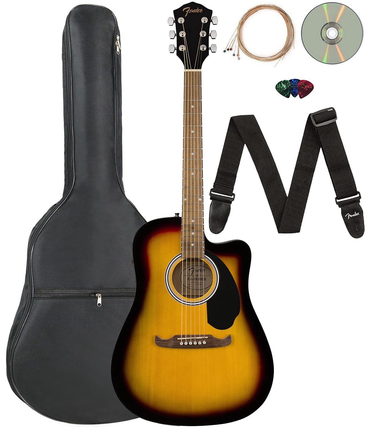 Fender FA-125CE Dreadnought Cutaway Acoustic-Electric Guitar Sunburst Bundle with Gig Bag, Strap, Strings, Picks & Online Lessons - Perfect for Beginners, Live Performances and Home Practice