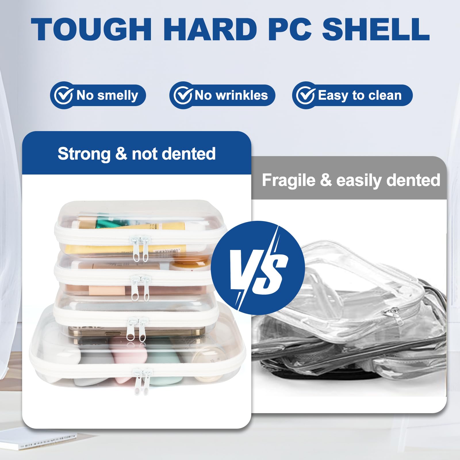 4 Pack Clear Hard Zipper Pouch Storage Cases - Waterproof Stackable Transparent Organizer for Pencils, Toiletries, Travel, Cosmetics & Toys (M+3S) | Perfect for School, Office, Travel & Home Organization