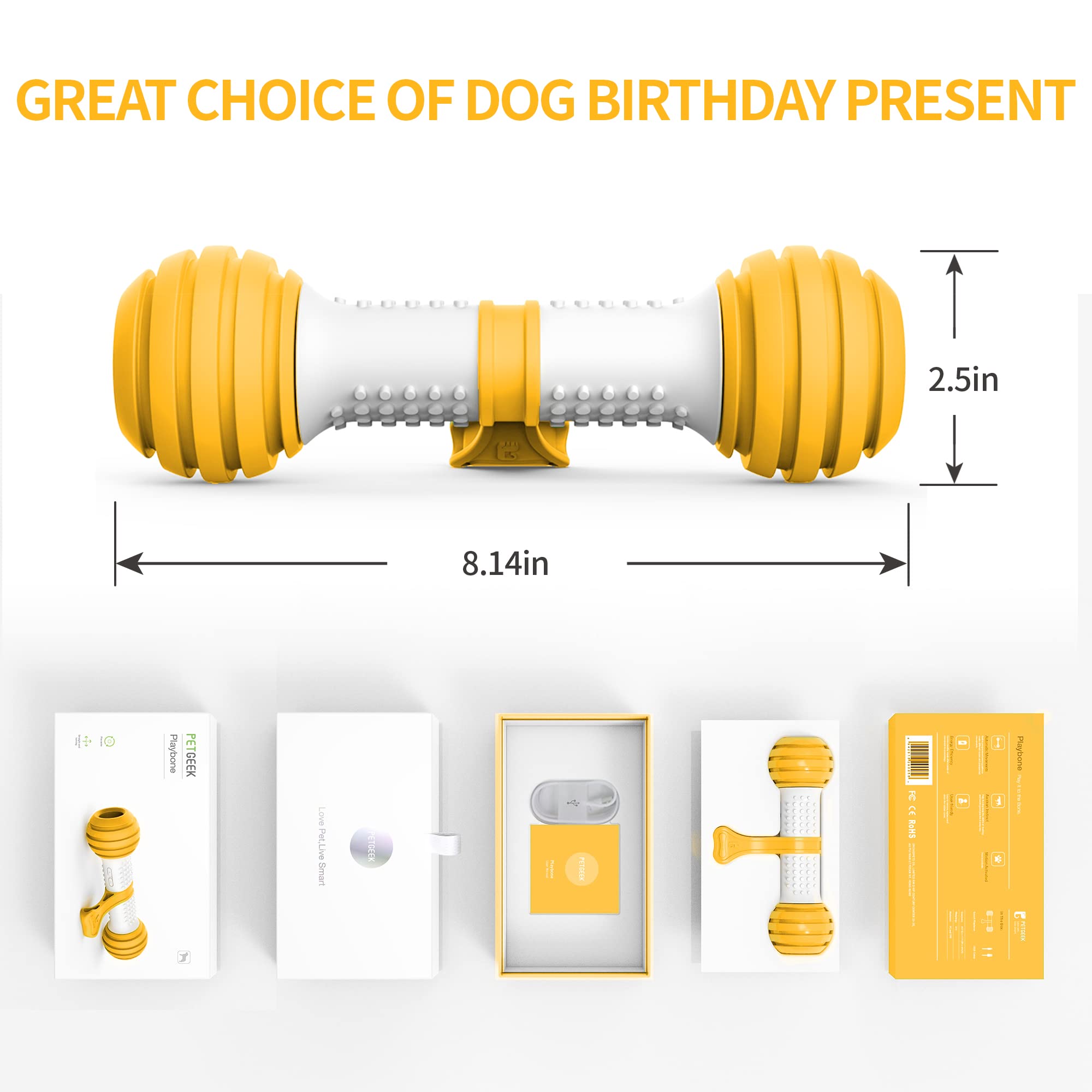 PETGEEK Interactive Dog Toys for Medium & Large Dogs - Motion Activated Electronic Dog Bone, USB Rechargeable Automatic Pet Toy to Relieve Boredom & Stimulate Play (Yellow) - Perfect for Indoor Play, Training & Keeping Dogs Entertained