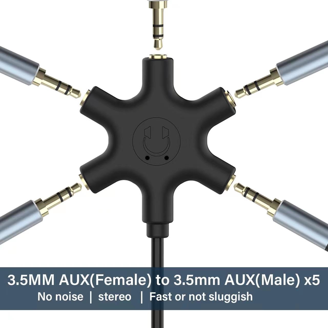 5-Way 3.5mm Headphone Audio Splitter - Multi Device Stereo Headset Adapter for iPhone, iPad, Gaming & Music Sharing - Perfect for Group Listening, Podcasts & Classroom Use