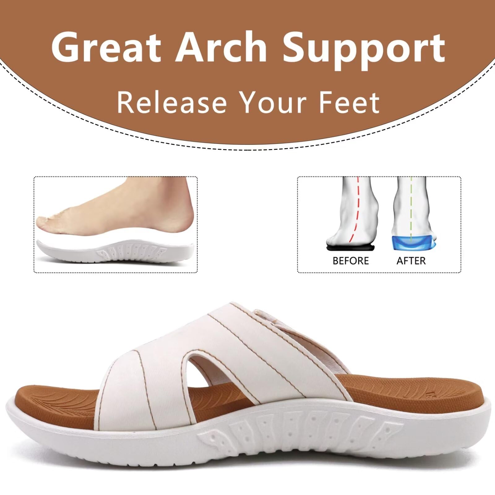 KuaiLu Women's Orthotic Slides - Lightweight Athletic Yoga Sandals with Thick Cushion & Arch Support for Plantar Fasciitis - Comfortable Slip-On Slippers for Walking, Yoga, and Home Use