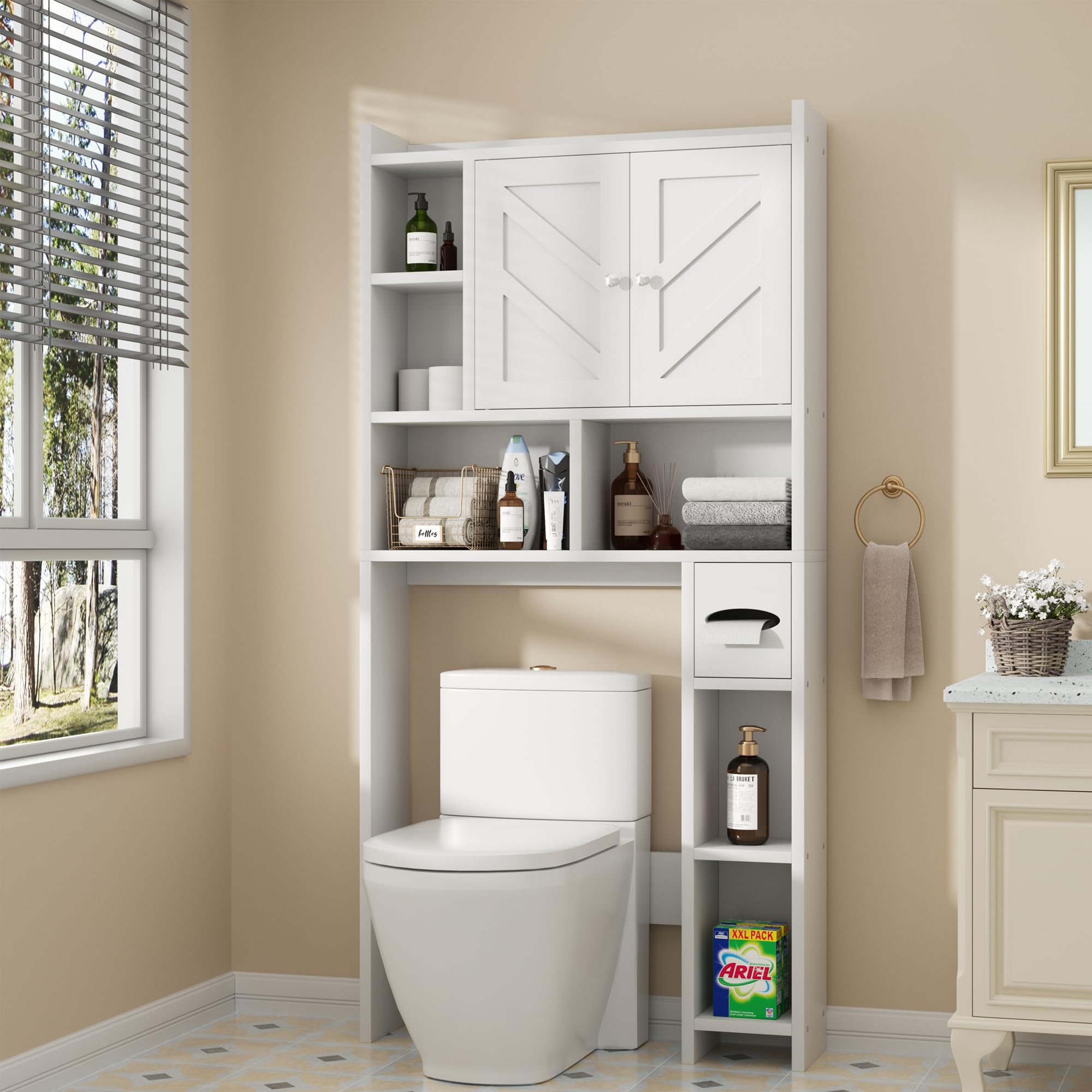 Shintenchi Over The Toilet Storage Cabinet with Barn Doors - White Bathroom Organizer with Adjustable Shelves, Toilet Paper Holder & Anti-Tip Device | Perfect for Small Bathrooms, Apartment Storage & Space-Saving Solutions
