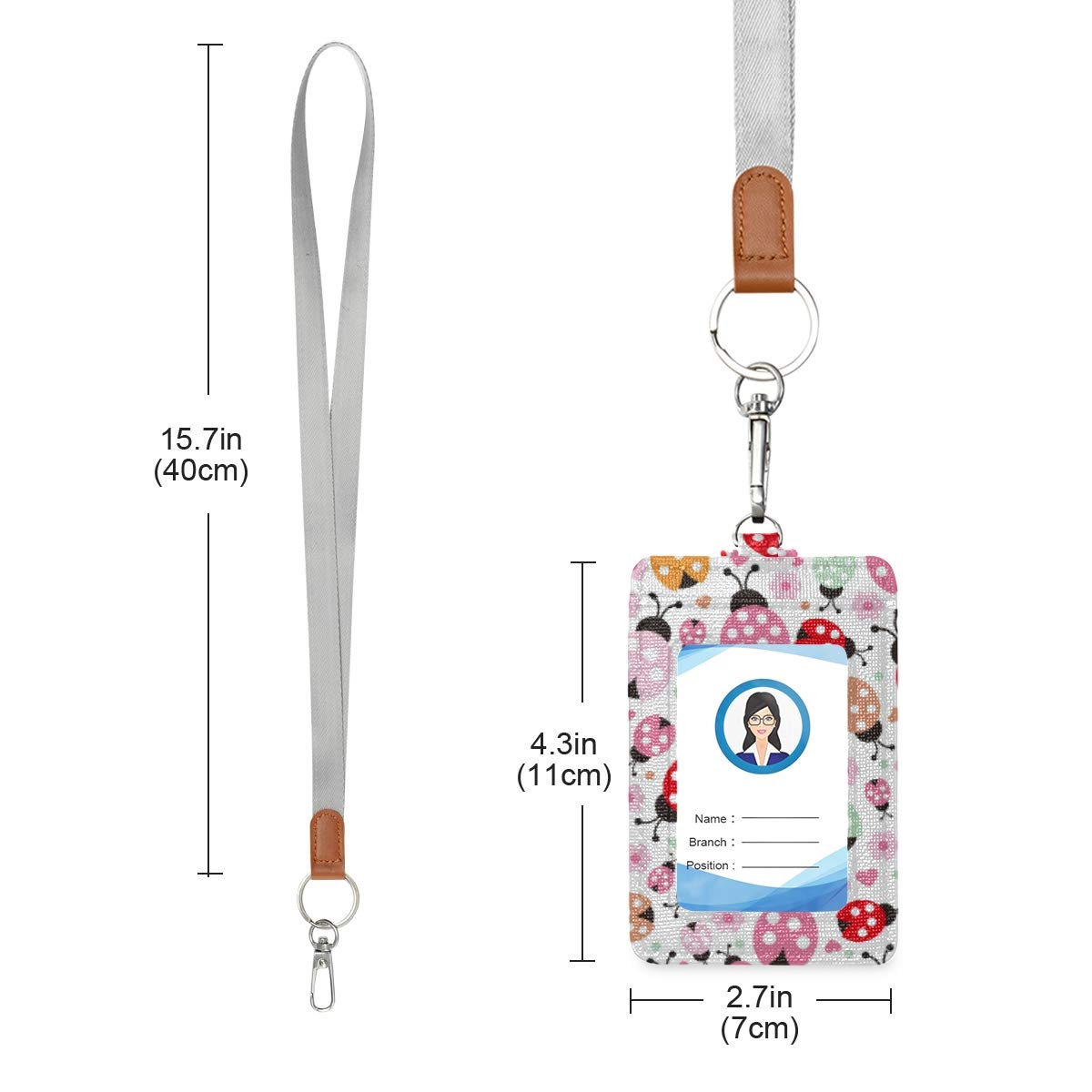 VIKKO Cute Colorful Ladybug Polka Dot PU Leather ID Badge Holder - Stylish Card Case Wallet with Adjustable Neck Lanyard & Key Ring for Work, School, Events & Conventions