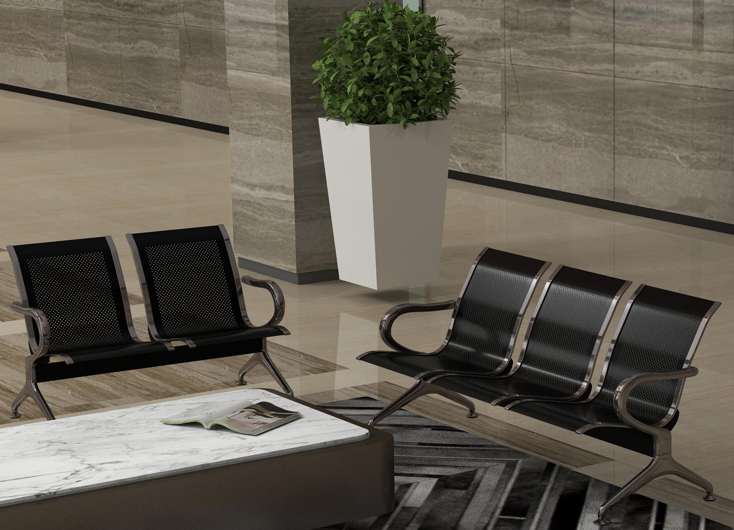 Kinfant 5-Seat Waiting Room Sofa Set - Office Reception Chairs with Armrests for Airport, Hospital, Bank & Lobby - Breathable Mesh Back & Durable Frame (Black) - Perfect for Commercial Spaces & Public Areas
