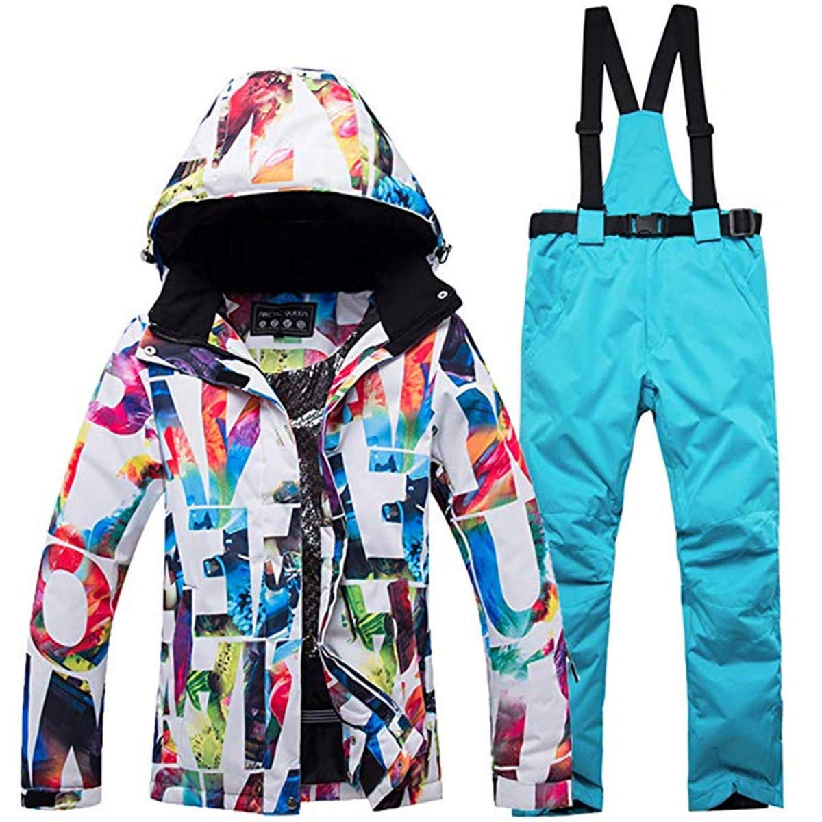 Women's Waterproof Ski Bib Suit Jacket & Pants Set - Colorful Printed Snowboard Outfit for Winter Sports | Warm & Stylish Skiing, Snowboarding & Outdoor Activities