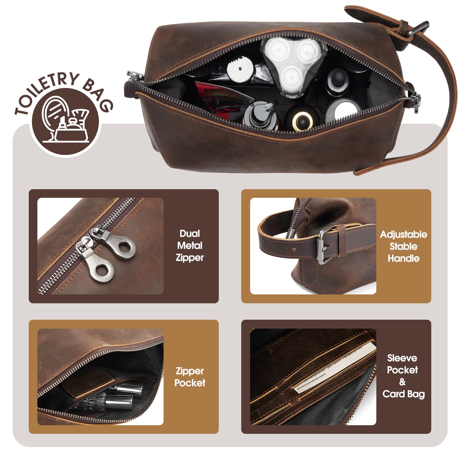 100% Genuine Leather Toiletry Bag for Men - Premium Handmade Crazy Horse Grain Travel Shaving Kit - Perfect Gift for Father, Husband - Hanging Dopp Kit Organizer for Travel, Gym & Daily Use