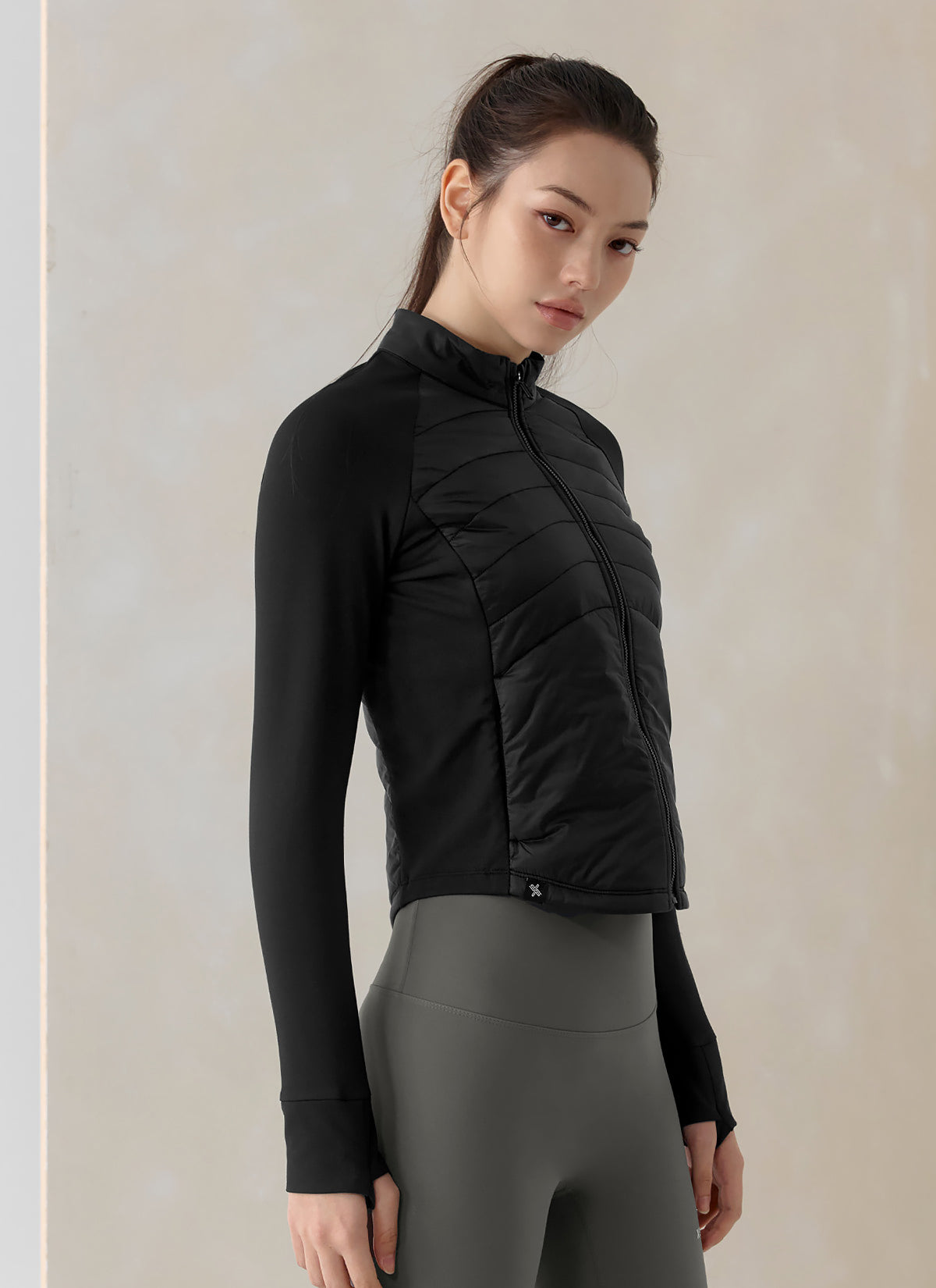 Lightweight Padded Mock Neck Jacket with Finger Hole - Comfortable & Stylish for Outdoor Activities, Hiking, and Casual Wear
