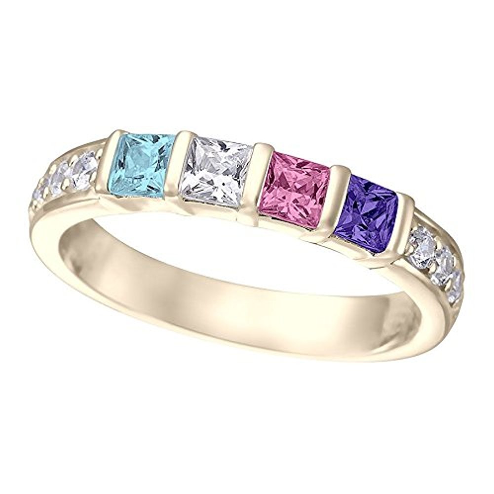 Princess Cut Simulated Diamond Mother's Ring with 1-6 Birthstones - Sterling Silver or 10K Gold - Perfect for Mother's Day Gifts & Anniversary Celebrations